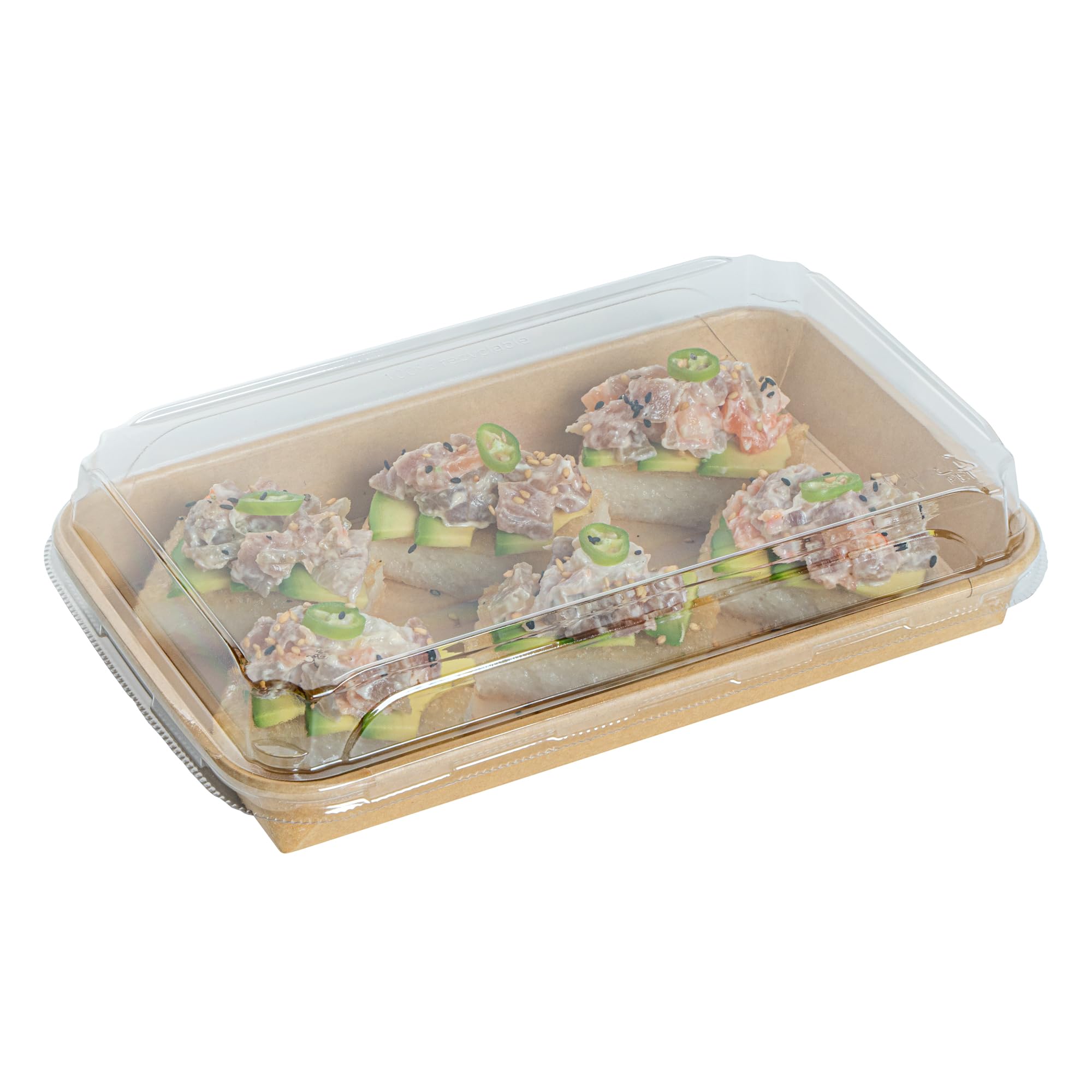 Matsuri Vision 8.8 x 5.5 x 1.2 Inch Clear Plastic Dome Lids for Sushi Containers - 50 Pack Airtight No-Fog Lids (Containers Sold Separately) - Perfect for Sushi Restaurants, Catering & Takeout Boxes
