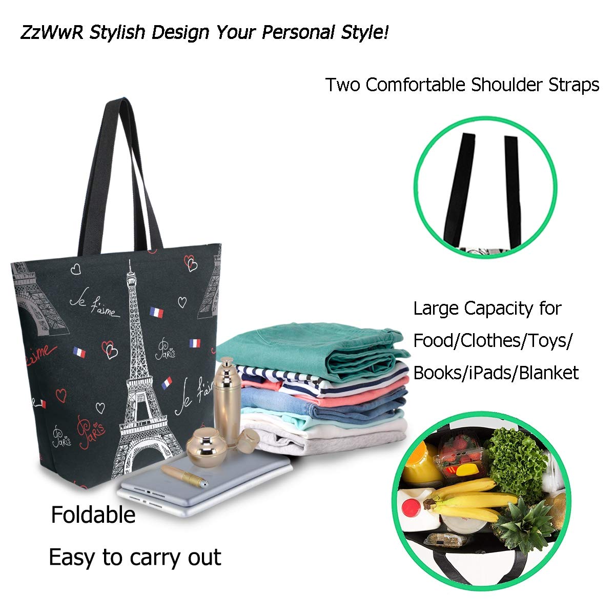 Trendy Paris Eiffel Tower Heart Print Extra Large Canvas Tote Bag - Black Oversized Shoulder Bag for Women, Gym, Beach, Travel & Grocery Shopping | Durable Reusable Weekender Bag with Top Handles