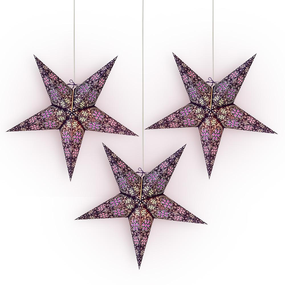 3 Pack 24 Inch Purple Wind Paper Star Lanterns with LED Bulbs & Lamp Cord - Decorative Hanging Lights for Bedroom, Party, Wedding & Outdoor Decor