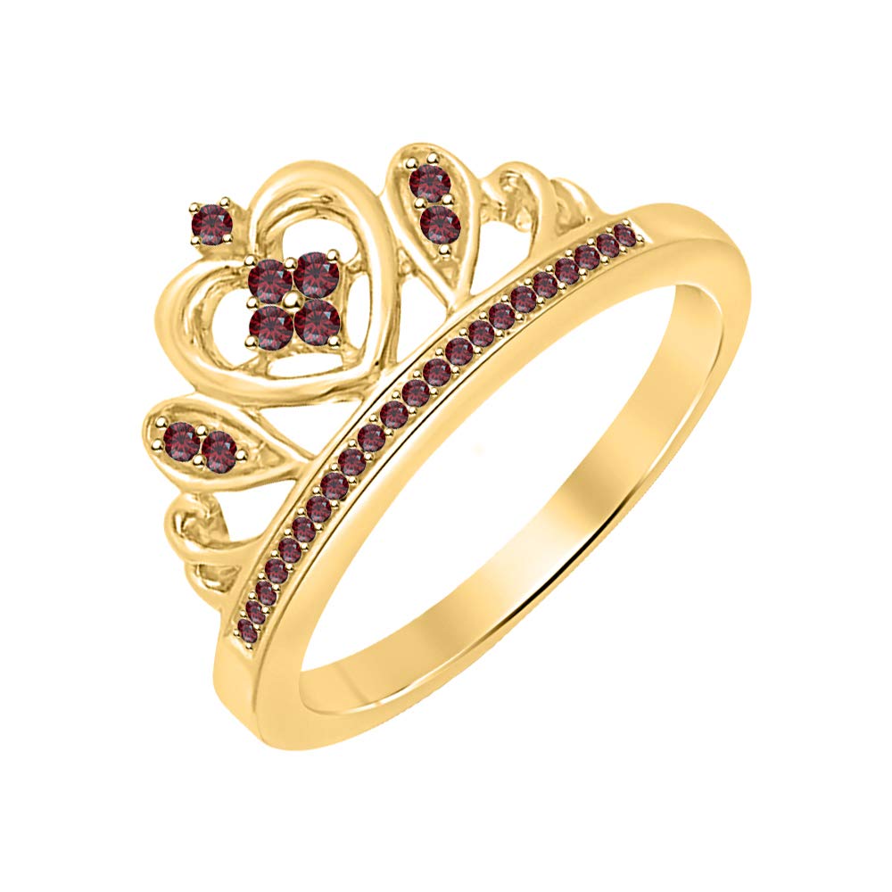 14K Gold Over Sterling Silver Tiara Queen Crown Ring with Red Garnet - Heart Shaped Women's Jewelry for Weddings, Prom & Special Occasions