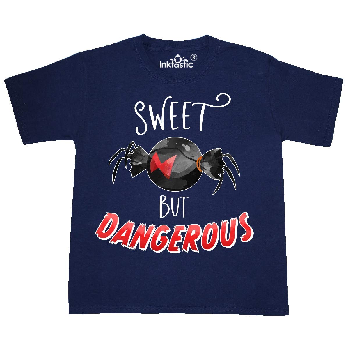 Inktastic Sweet But Dangerous Black Widow Spider Graphic Candy Youth T-Shirt - Cool Halloween Costume & Funny Gift for Spider Lovers