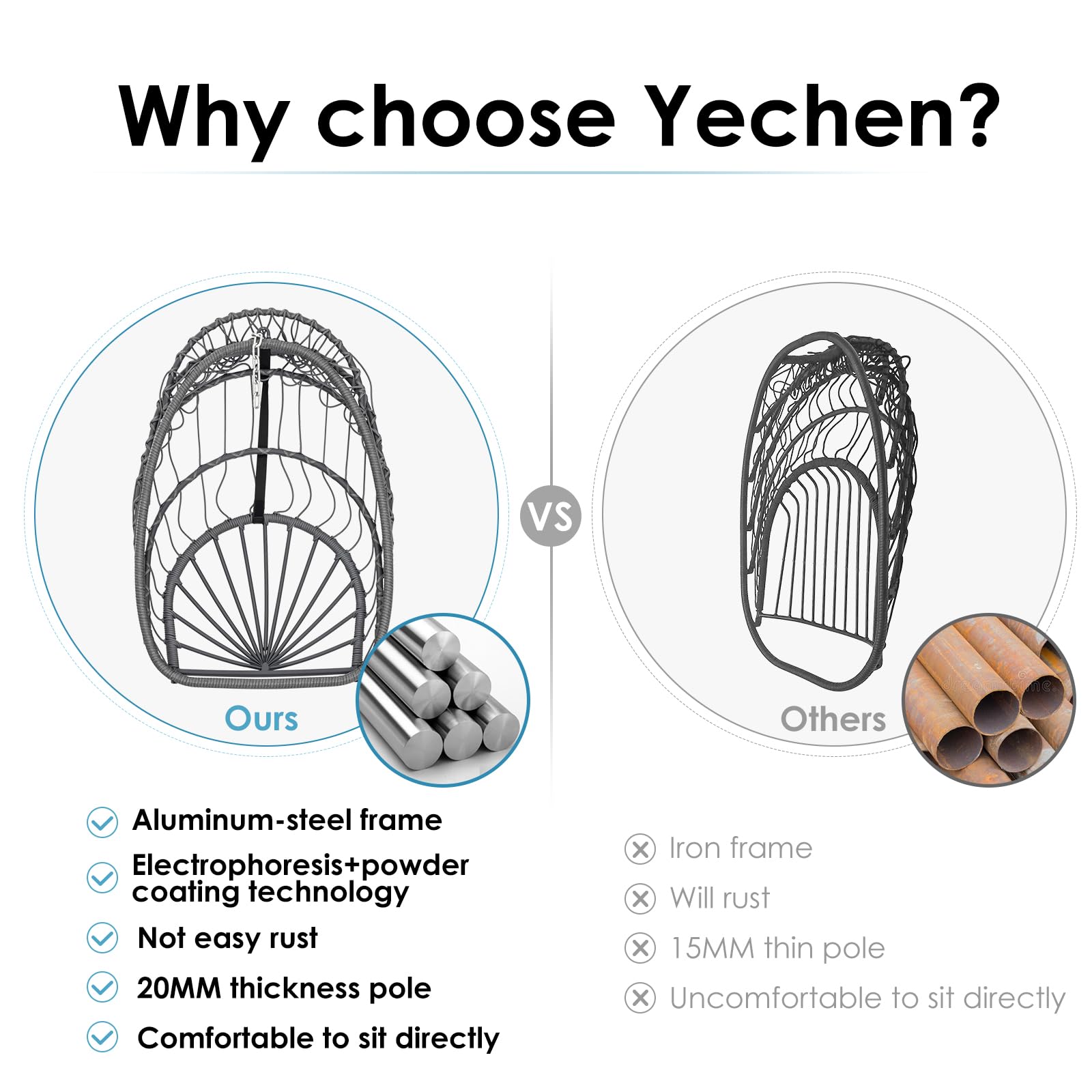 Yechen Foldable Aluminum Hanging Egg Chair - Indoor/Outdoor Rattan Swing with UV-Resistant Cushions for Patio, Balcony, Bedroom - Perfect for Relaxing in Garden, Porch or Living Room