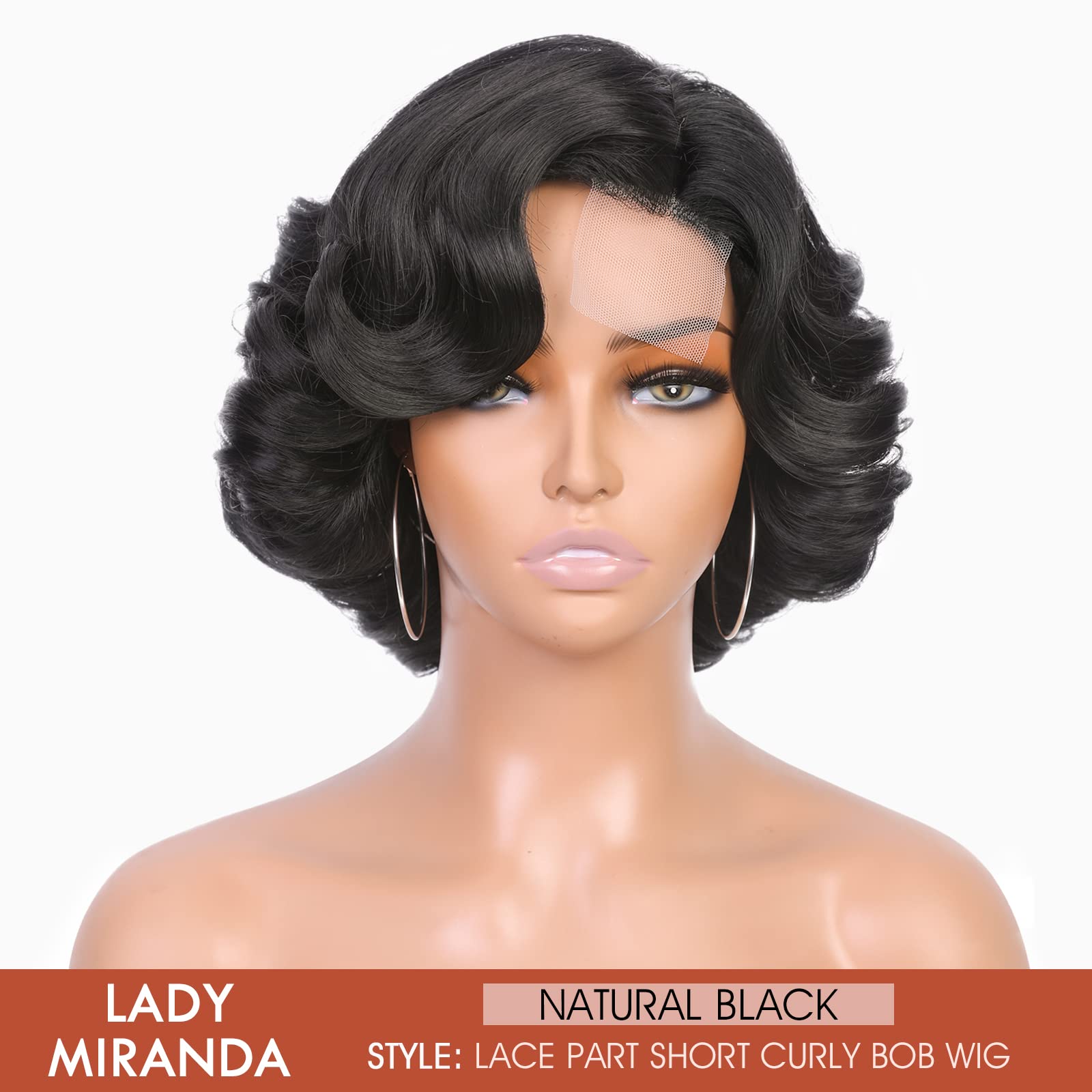 Lady Miranda Short Curly Synthetic Wig - Heat Resistant Bob Loose Wave Lace Part Wig for Black Women | Natural Looking Side Part Human Hair Alternative | Perfect for Cosplay, Daily Wear & Special Occasions (Black)