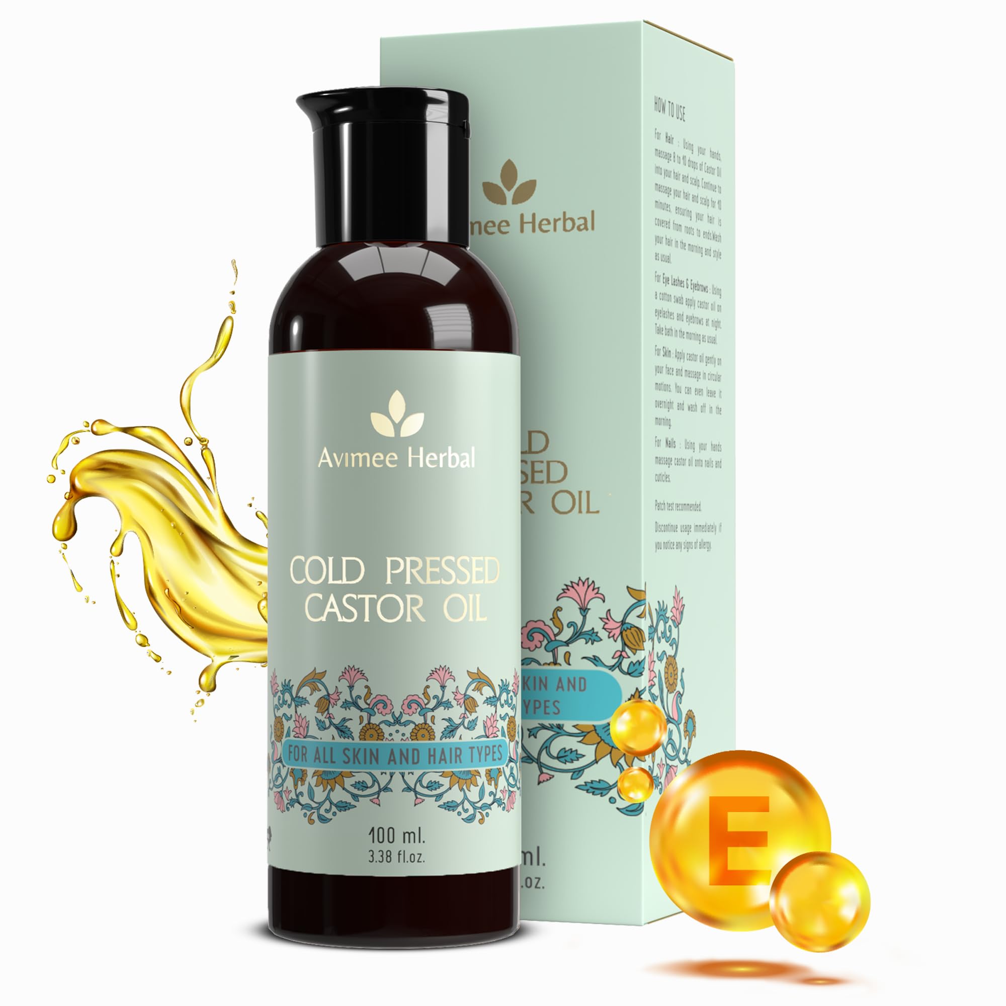 Avimee Cold Pressed Organic Castor Oil 100ml - Natural Hair Growth Treatment for Thicker, Shinier Hair | Vitamin E Enriched for Dry Skin & Nail Care | Perfect for Daily Hair & Scalp Massage, DIY Beauty Recipes