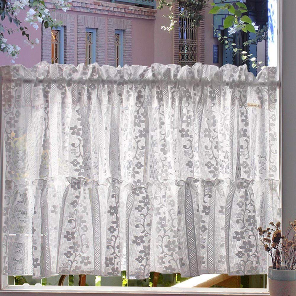 White Voile Lace Kitchen Curtains - Vintage Cafe Valance with Embroidery & Hollow Design, Short Sheer Window Drapes for Bedroom, Living Room & Kitchen Decor