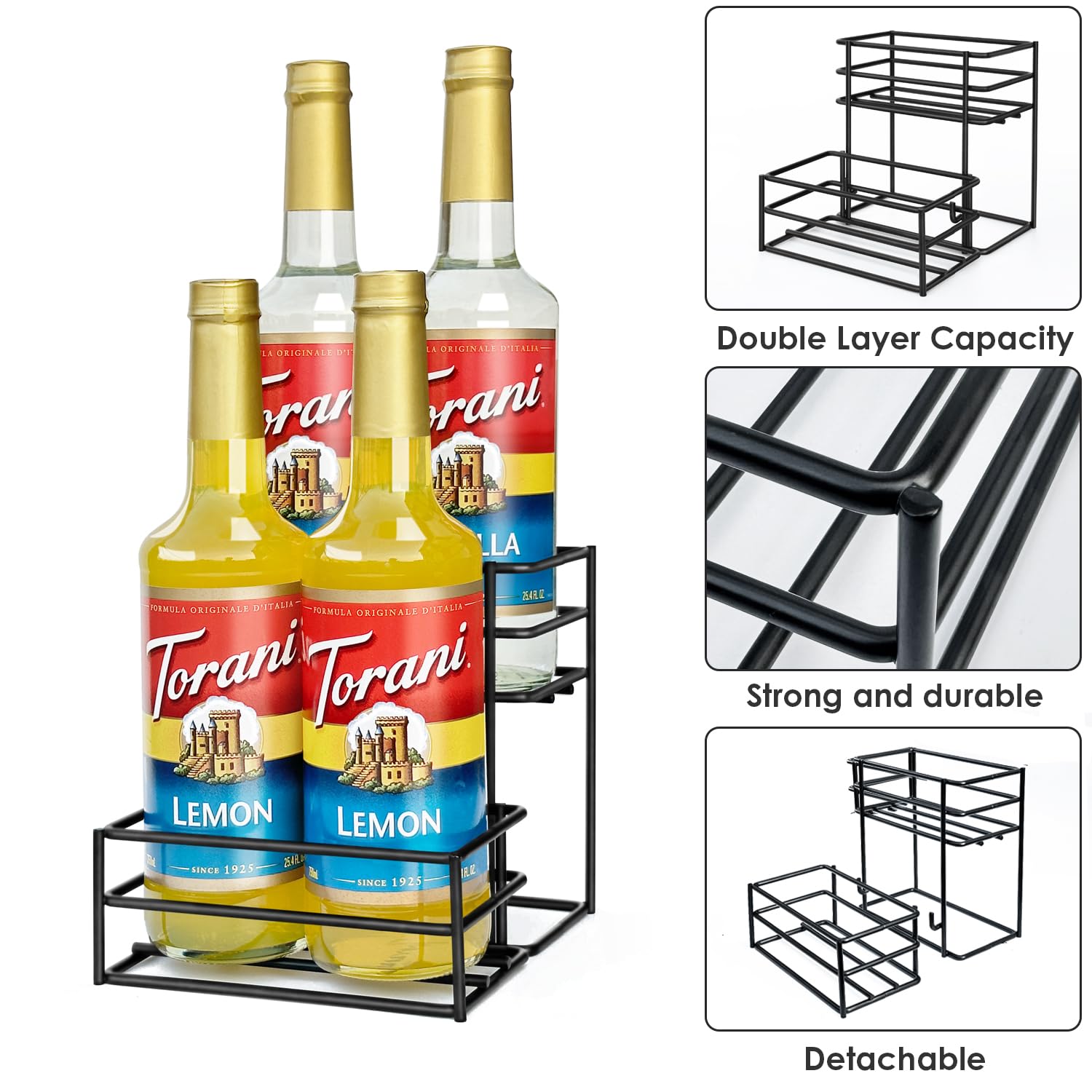 4-Tier Coffee Syrup Rack Organizer - Holds 4 Bottles for Coffee Bar, Kitchen & Home - Perfect for Storing Syrups, Wine, Salad Dressings & Condiments - Space-Saving Storage Solution for Bars, Cafes & Family Kitchens