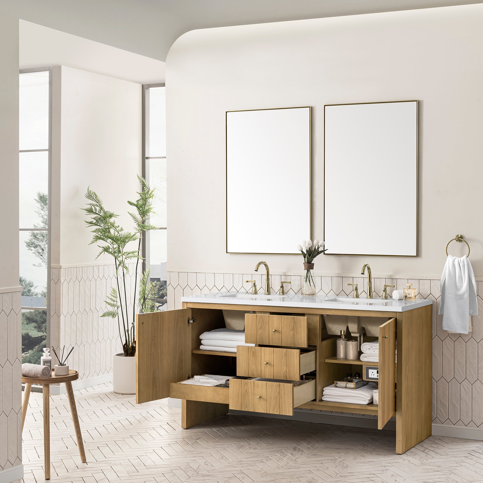Hudson 60 Inch Double Vanity with White Zeus Quartz Top in Light Natural Oak Finish - Perfect for Modern Bathroom Renovation and Master Suite Upgrades