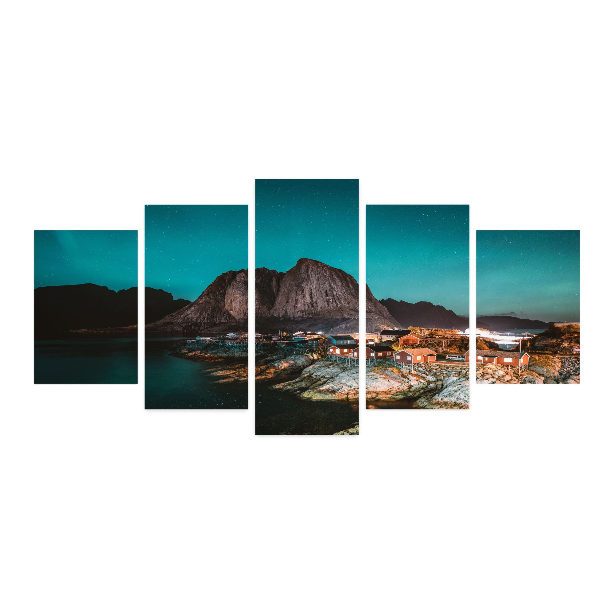 Ambesonne 5-Panel Acrylic Glass Wall Art - Northern Lights & Fishing Village Landscape, Norway Aurora Borealis Scenery, 60
