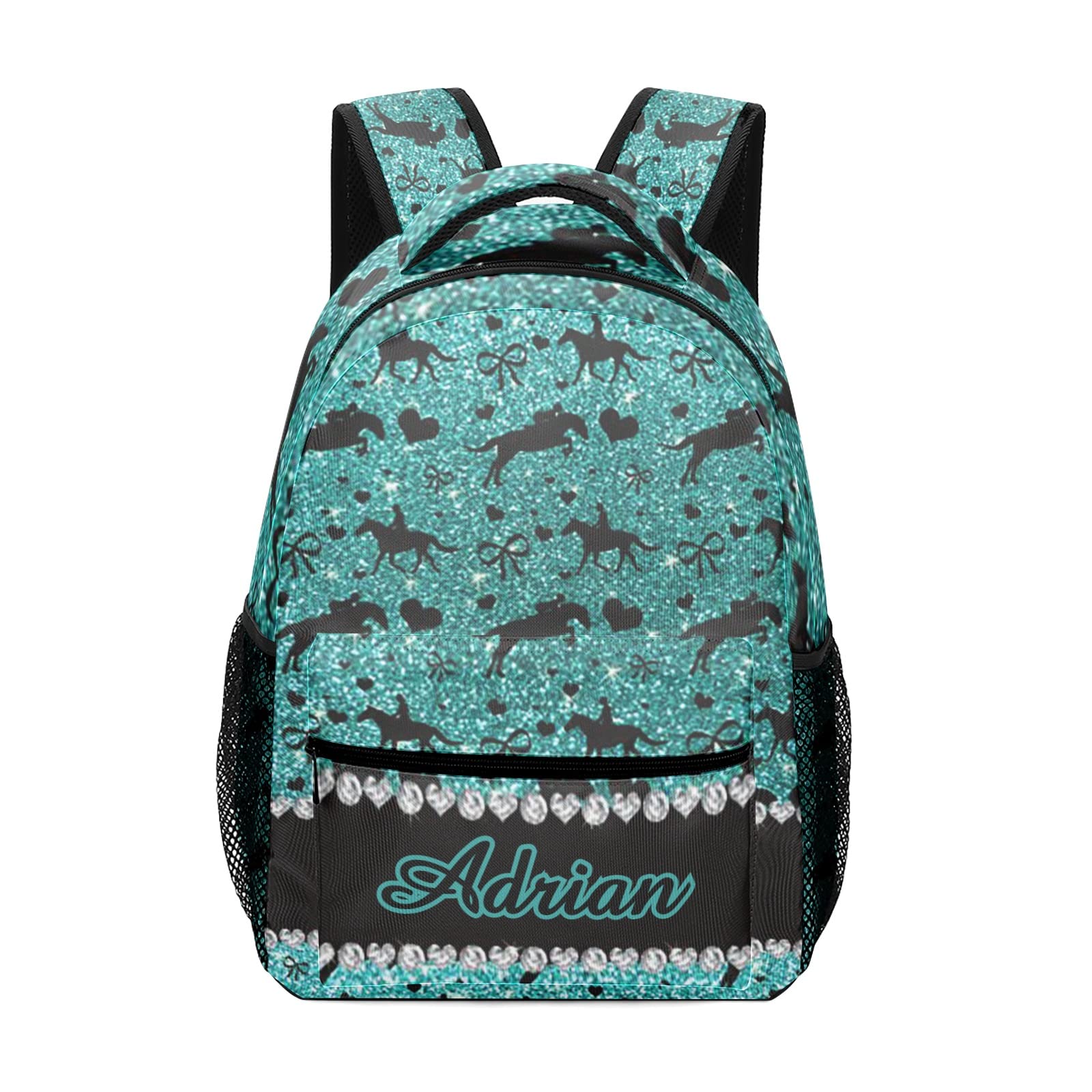 Personalized Name Equestrian Hearts Bows School Backpack - Robin Egg Blue Sport Bag for Men & Women | Perfect for School, Gym & Outdoor Activities
