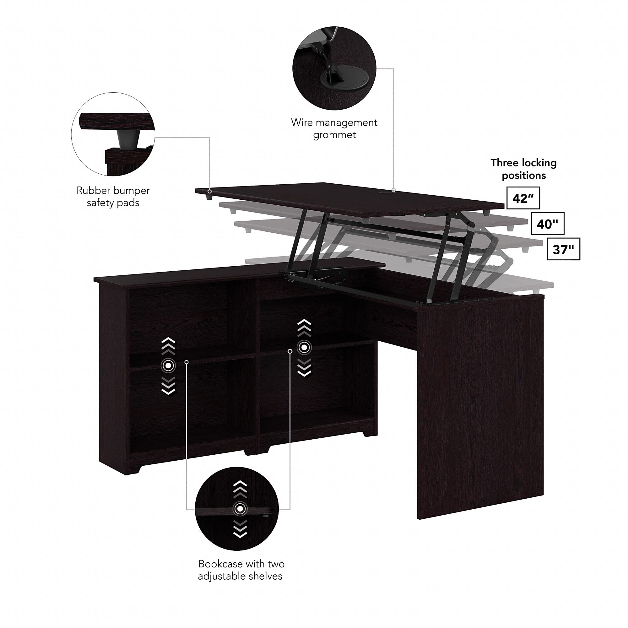 Bush Furniture Cabot 52W 3-Position Adjustable Height Sit to Stand Corner Desk with Shelves in Espresso Oak - Perfect for Home Office, Small Spaces & Ergonomic Workstations