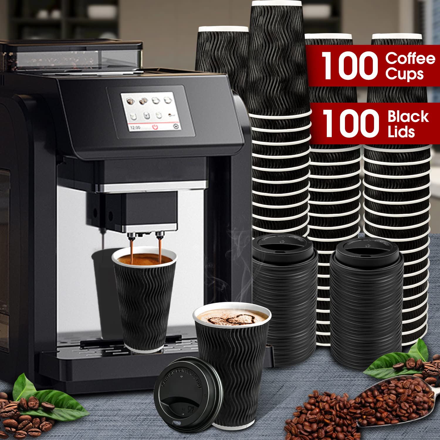16 oz Disposable Coffee Cups 100 Pack - Insulated Paper Cups with Lids for Coffee, Tea & Hot Chocolate - Perfect for Coffee Shops & Takeout