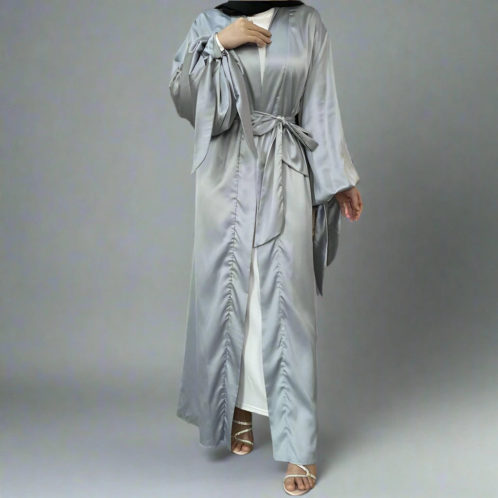 10 Color Options Puff Sleeve Satin Open Abaya Dress for Muslim Women - Elegant Modest Fashion for Prayer, Eid, Wedding & Special Occasions