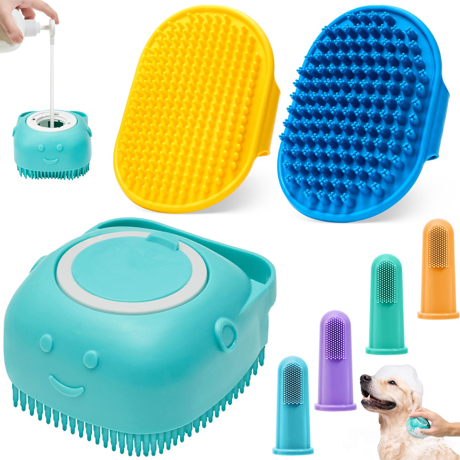 4PCS Dog Bath Brush Set - Pet Massage Shampoo Brush & Scrubber for Dog Washing - Soft Silicone Bristles Grooming Brush for Dogs & Cats - Perfect for Bath Time, Shedding Control & Relaxing Massage - Blue
