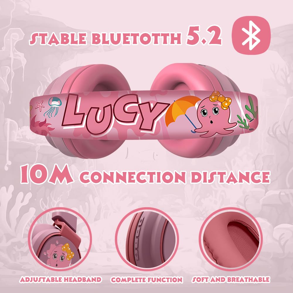 MIDOLA Kids Wireless Bluetooth Headphones with Volume Limit (85dB/110dB) - Foldable Over-Ear Headset with Mic & AUX Cord for Boys & Girls - Safe for School, Tablet, Phone, Travel & Home Use (Cartoon Pink)