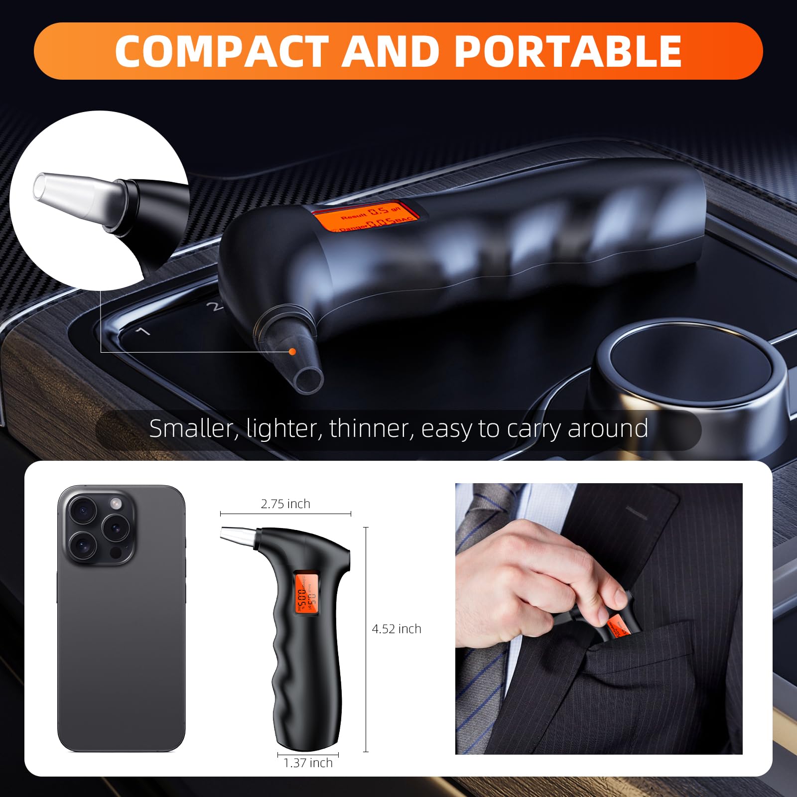 Portable Alcohol Breathalyzer Tester - Compact Personal & Professional Use with Orange LCD Digital Display & 10 Reusable Mouthpieces | Perfect for Home, Office, Parties, and Road Safety Checks