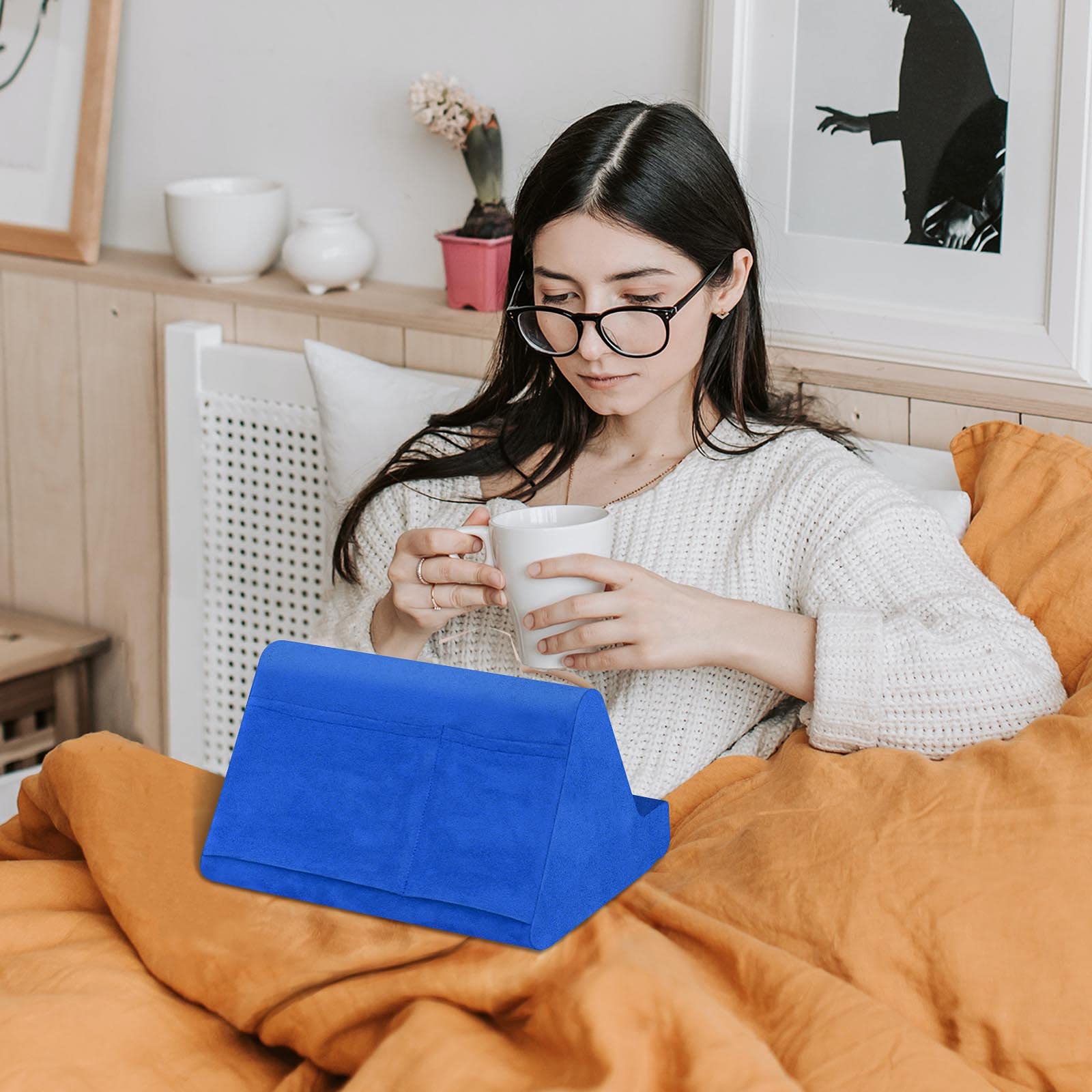 Adjustable 3-Angle Tablet Stand Pillow with Pocket - Soft Cushion Holder for iPad, Kindle, Smartphones & Books - Perfect for Bed, Sofa & Travel (Blue) - Ideal for Reading, Watching Movies & Hands-Free Browsing
