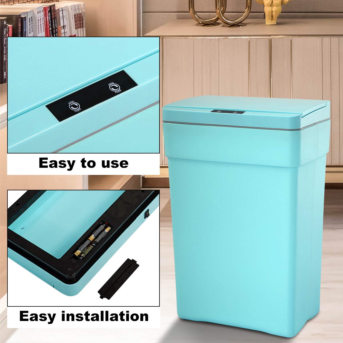 Automatic Motion Sensor Trash Can - 13 Gallon/50L Touch-Free Kitchen Garbage Bin with Lid, High-Capacity Plastic Wastebasket for Bathroom, Bedroom, Home Office - Blue (Ideal for Hands-Free Disposal in Kitchens & High-Traffic Areas)