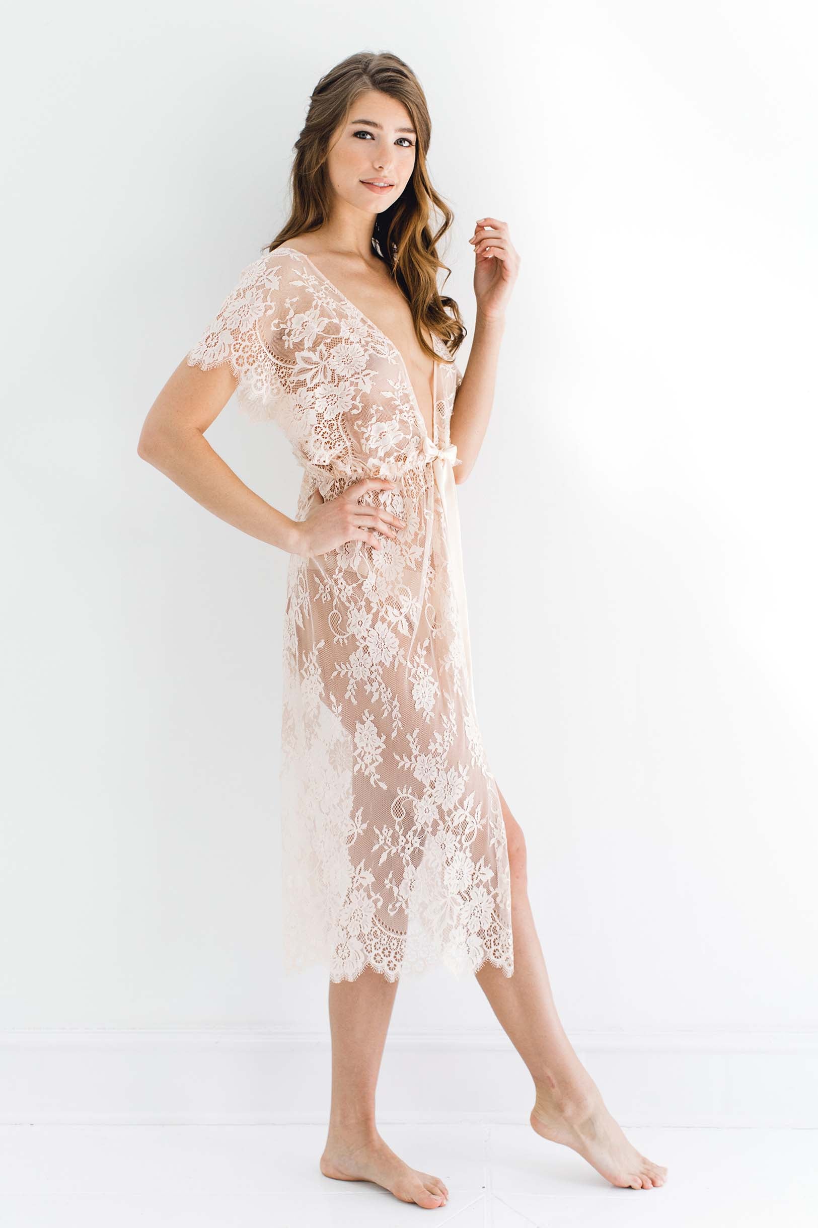 Margot Midi Lace Kimono Robe - Blush Pink Women's Lace Cover Up | Perfect for Bridal Shower, Honeymoon & Spa Day
