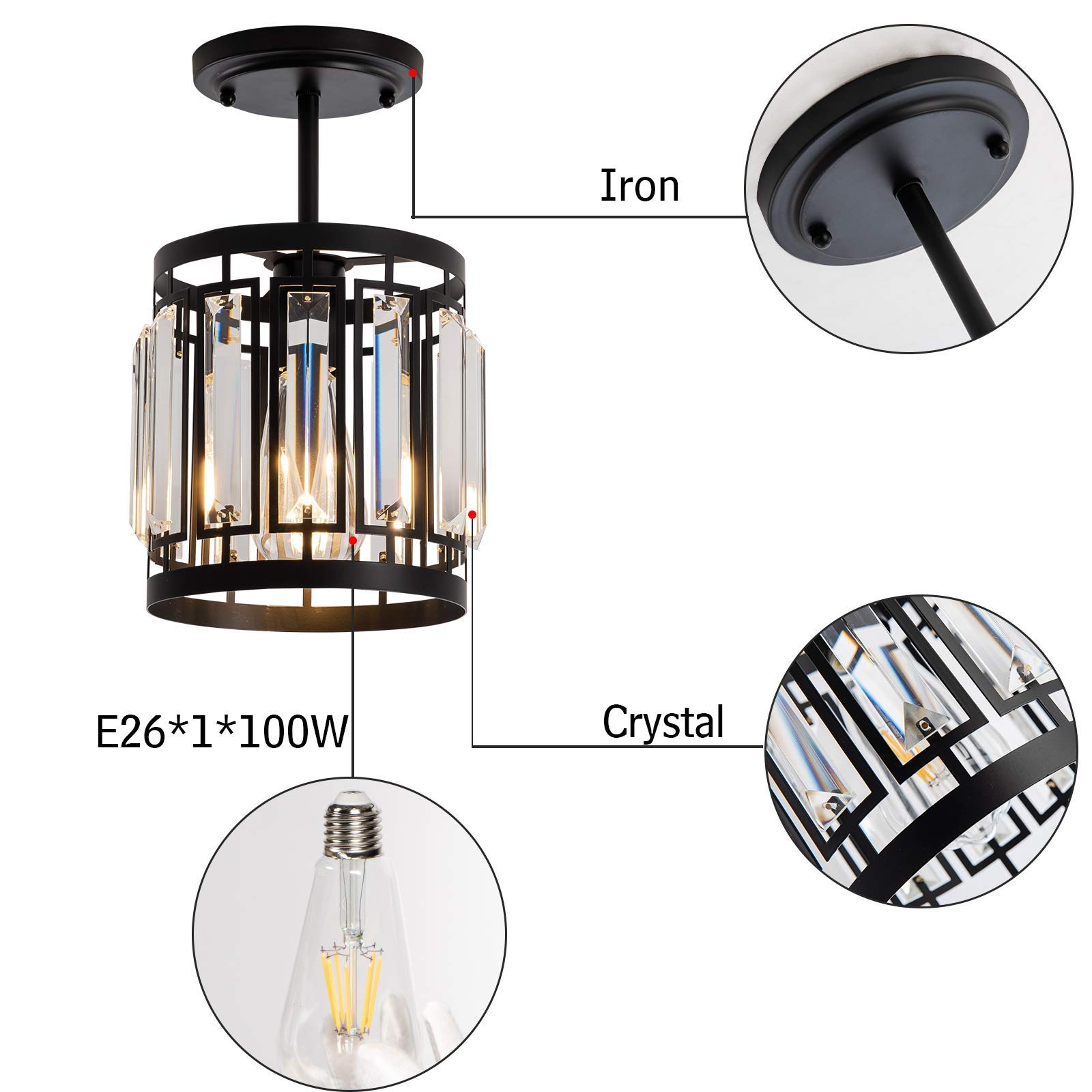 Modern Black One-Light Pendant Light Fixture with K9 Crystals - E26 Base Ceiling Hanging Lamp for Kitchen, Restaurant, Cafe & Dining Room Island Lighting | Elegant Ambiance for Home & Commercial Spaces