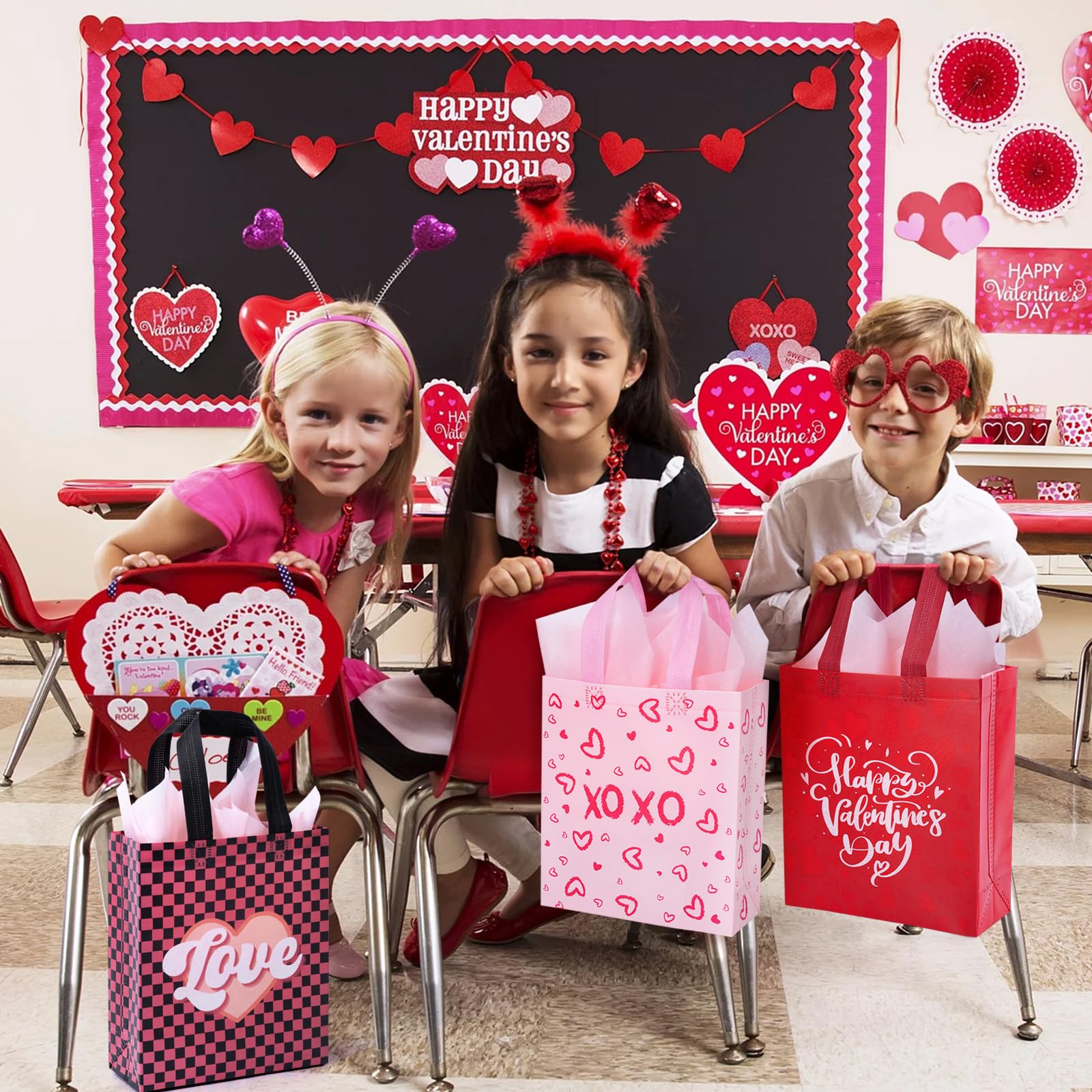 12 Pack Valentine's Day Gift Bags with Tissue Paper - Reusable Heart Print Party Favor Bags with Handles for Classroom Exchange, Kids Party Favors & Gift Wrapping - Perfect for Valentine's Parties, School Events & Romantic Gift Giving