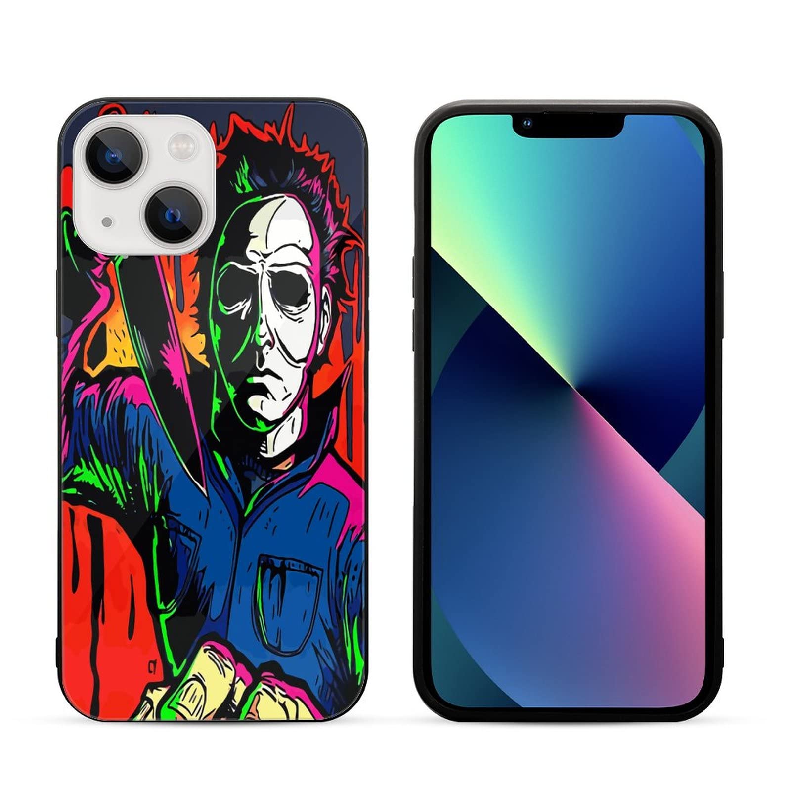 Halloween Michael Myers iPhone 13 Case - Shockproof Tempered Glass Back Cover for iPhone 13 (6.1 Inch) - Horror Movie Inspired Protective Phone Case for Halloween Party & Cosplay