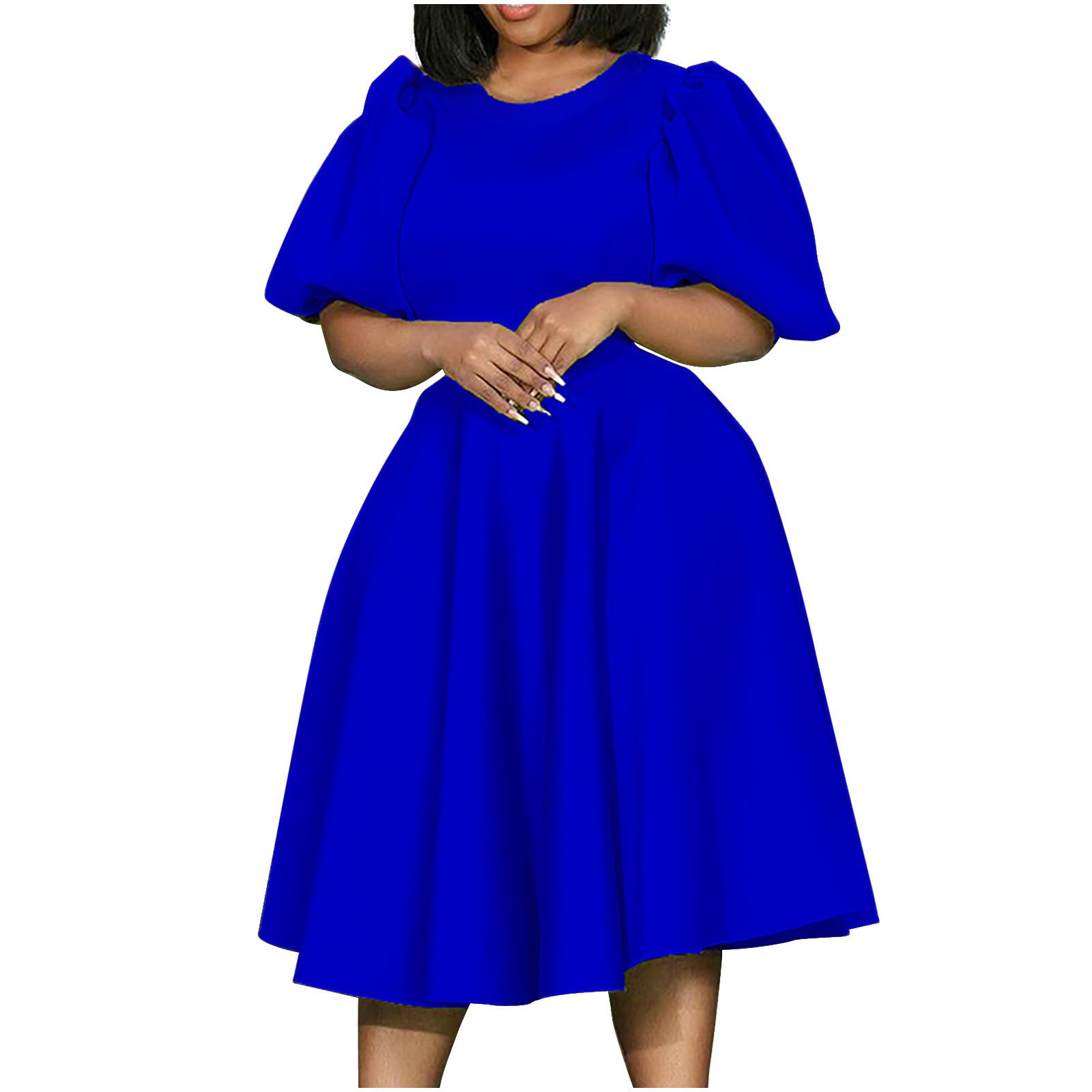 Uillui Women's Plus Size Bubble Sleeve A-Line Dress with Tapered Waist - Flowy Swing Cocktail Party Dress for Prom, Wedding & Formal Events