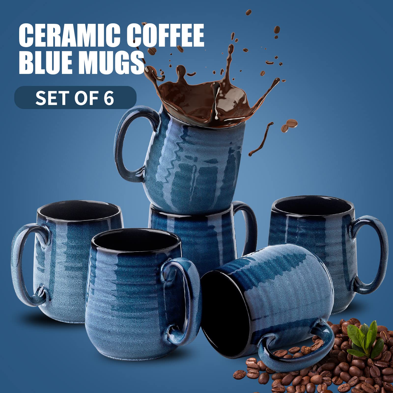 Hasense 12oz Ceramic Coffee Mugs Set of 6 - Blue Handled Tea Cups for Coffee, Tea & Cocoa - Dishwasher & Microwave Safe - Perfect for Home, Office & Gifts