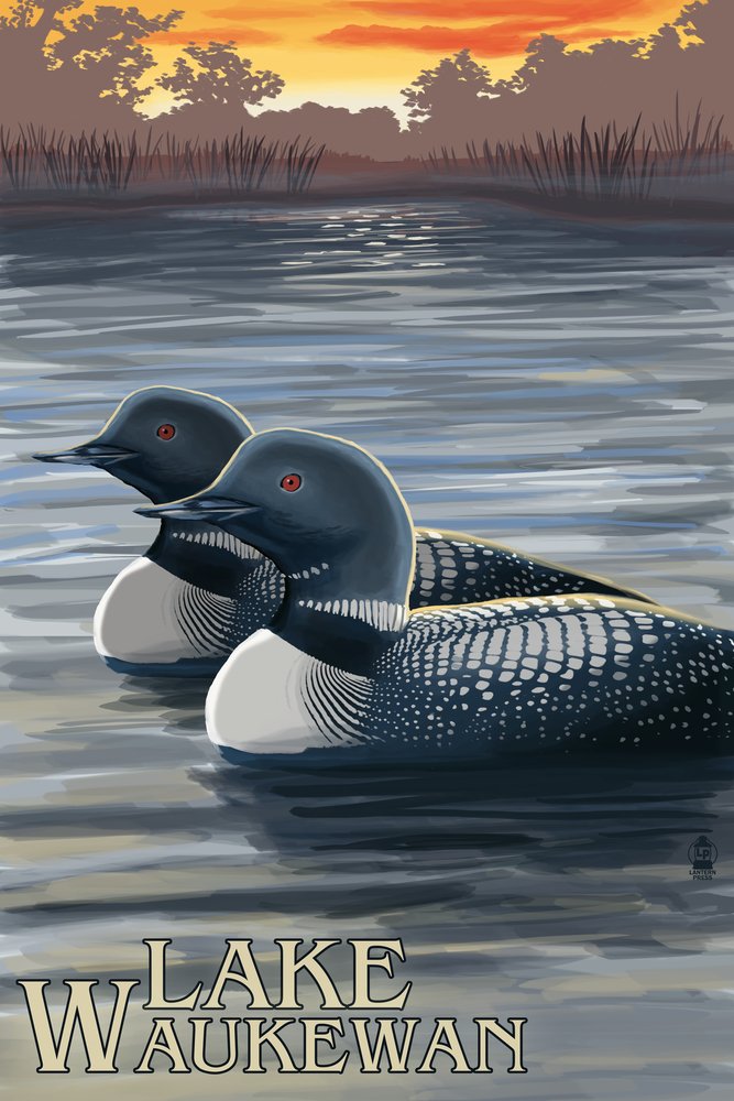 Lake Waukewan New Hampshire Loon Scene 46235 - Signed 24x36 Art Print, Wildlife Wall Decor Poster for Living Room, Office & Cabin Decor