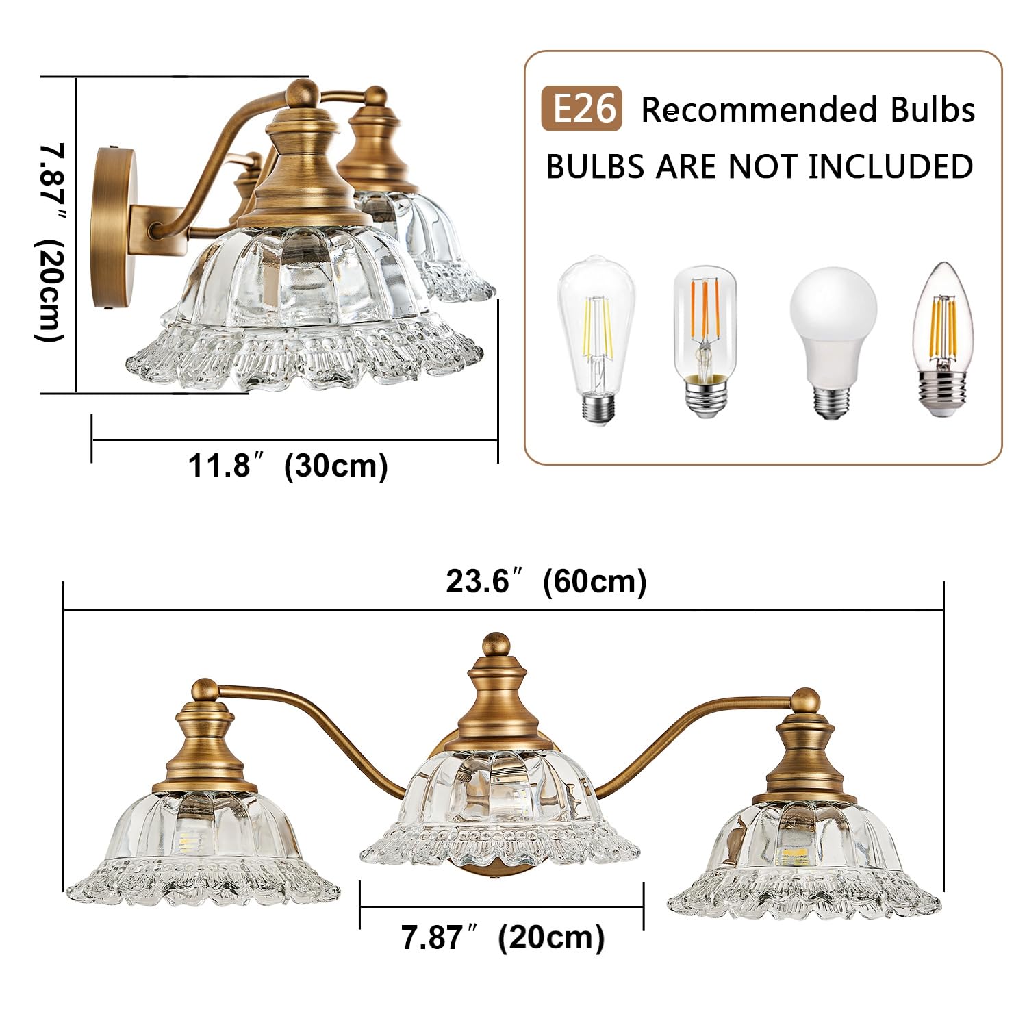 Vintage Bathroom Vanity Light Fixture - 3-Light Matte Antique Brass Bathroom Lighting with Crystal Glass Shade | Elegant Lighting for Bathroom, Powder Room & Dressing Area