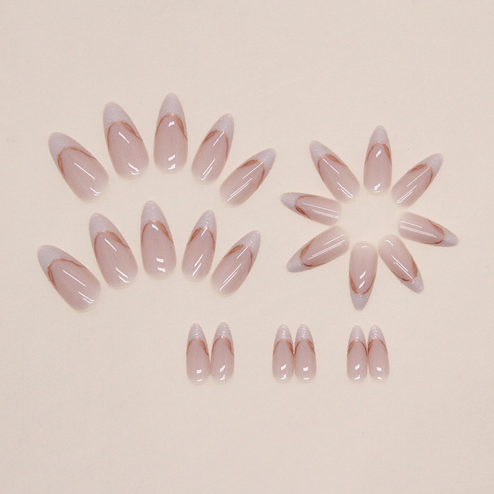 MISUD 24pcs Almond Press on Nails - Chrome Bling Aurora French Tip Fake Nails with Gold Swirl & Pearl Flash Design for Women | Perfect for Parties, Weddings, and Special Occasions
