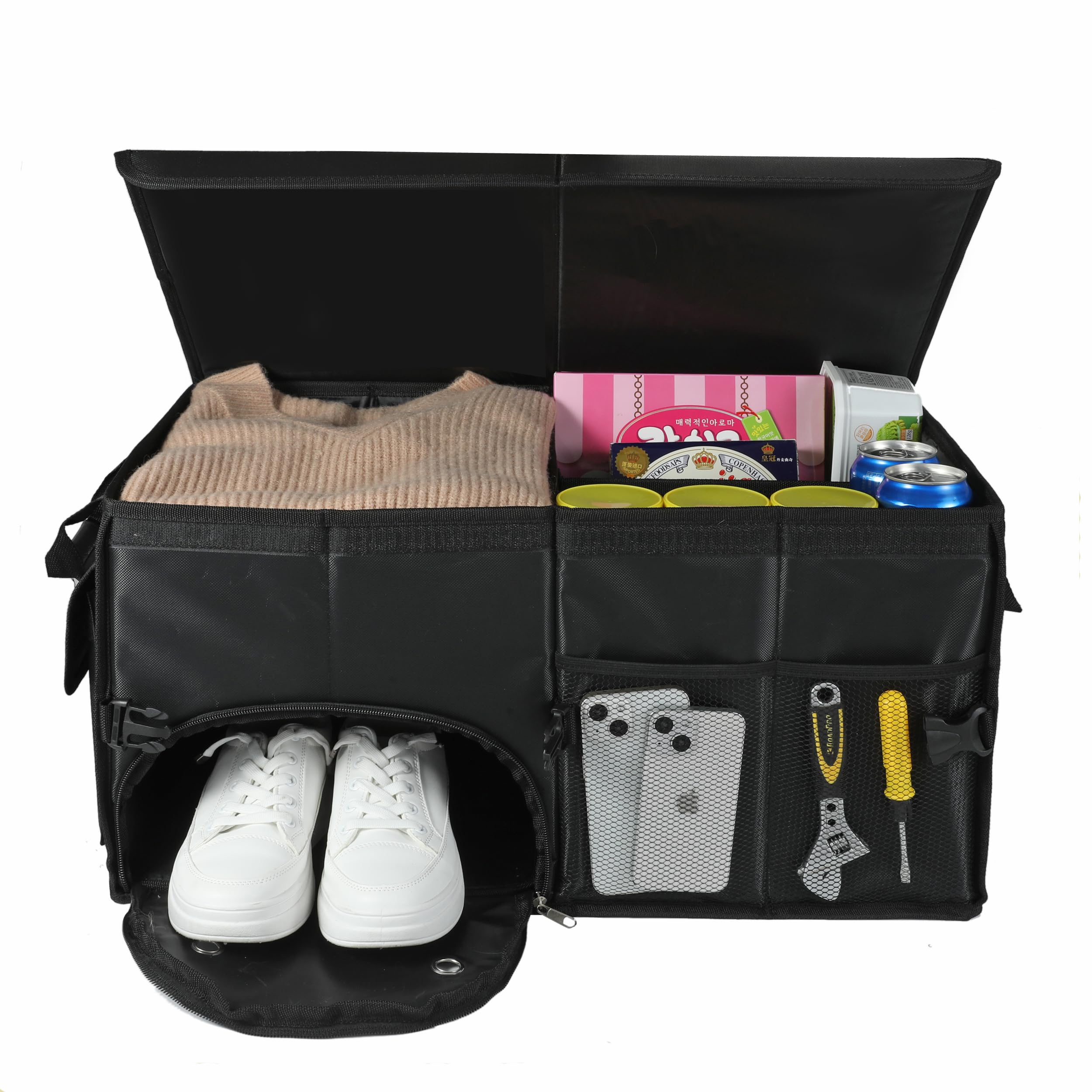 Car Trunk Organizer with Lid - Collapsible Multi-Compartment SUV Storage Organizer with Shoe Bag (Black) | Perfect for Road Trips, Grocery Shopping & Car Organization