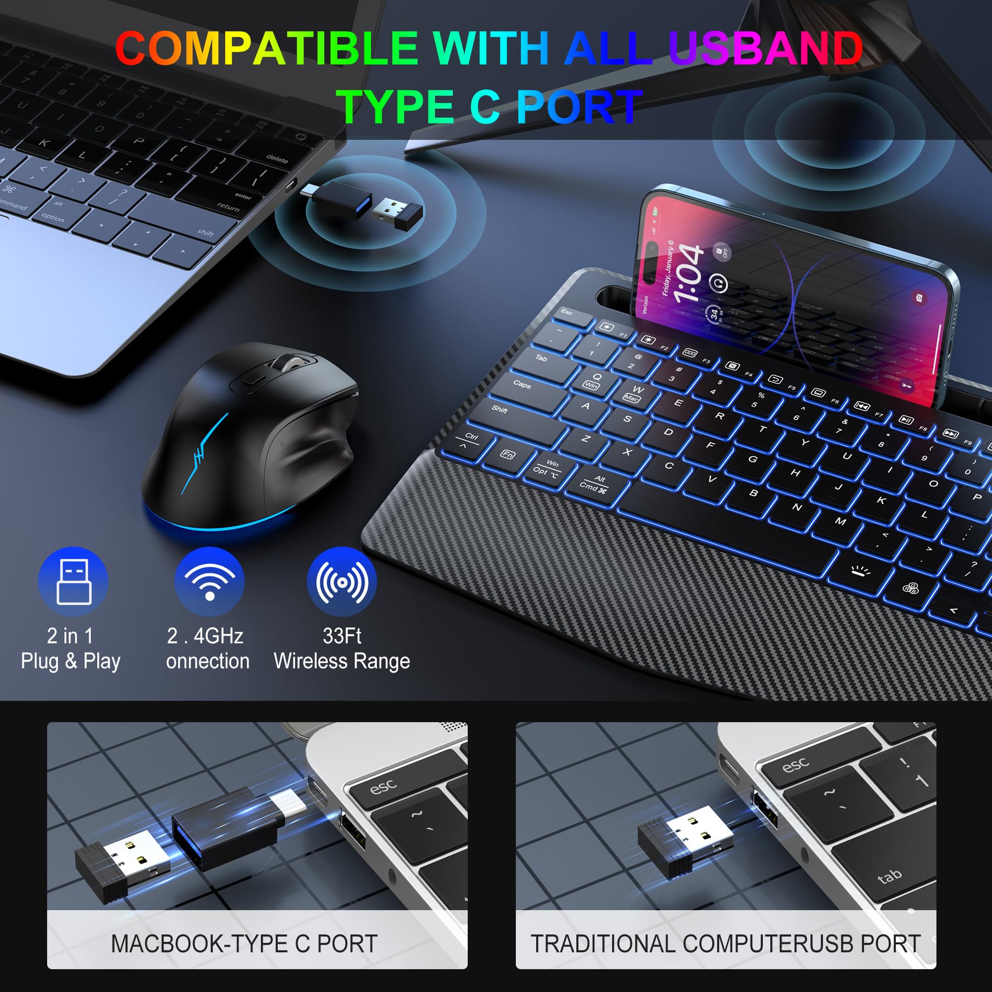 Ergonomic Wireless Keyboard and Mouse Combo with RGB Backlit, Rechargeable & Quiet Design - Includes Phone Holder & Wrist Rest for Mac, Windows, PC, Laptop | Perfect for Office, Gaming & Home Use