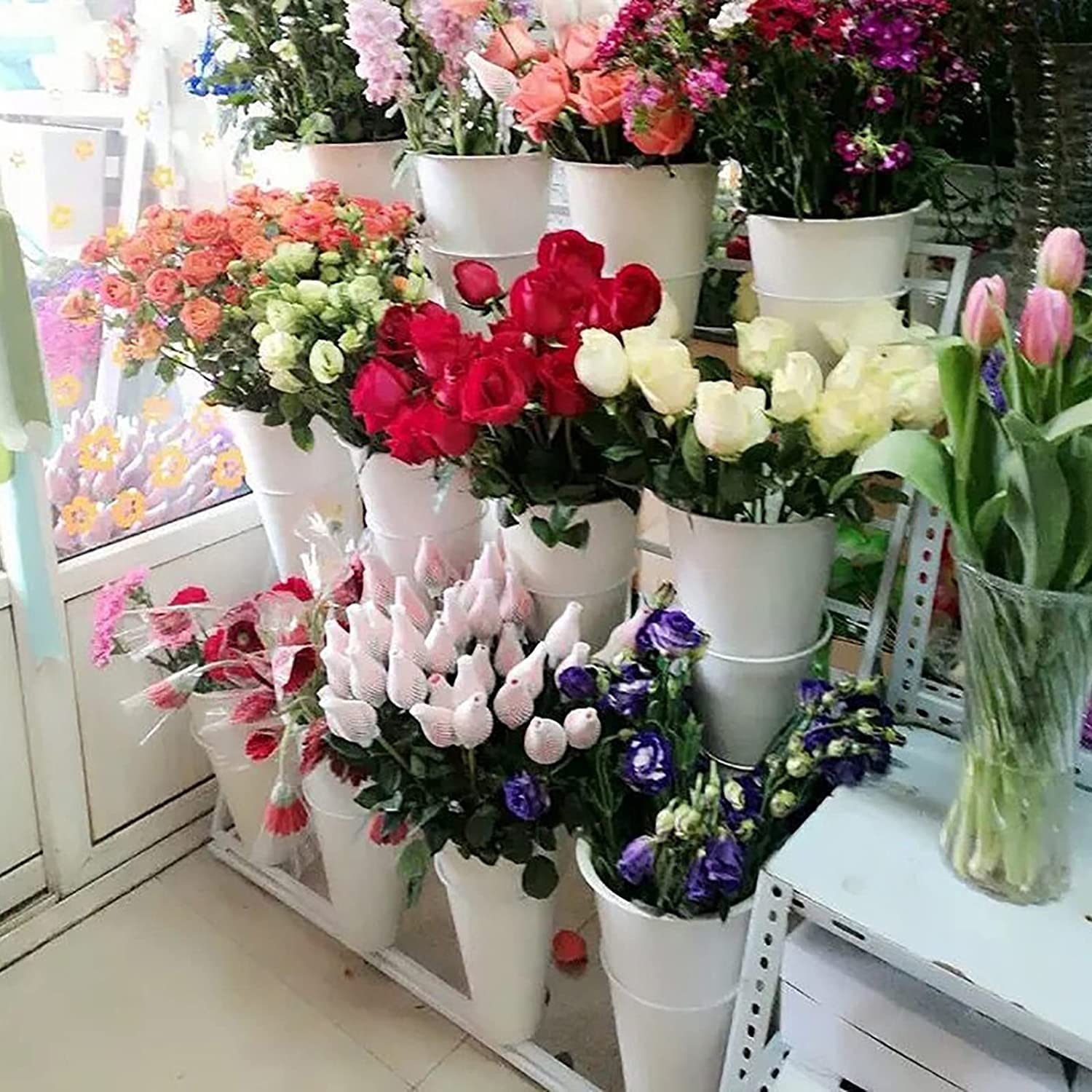 3-Tier Metal Flower Display Stand with 12 Plastic Buckets & 4 Universal Wheels - White Rolling Florist Cart for Bouquet Arrangement | Perfect for Flower Shops, Wedding Decor & Event Displays