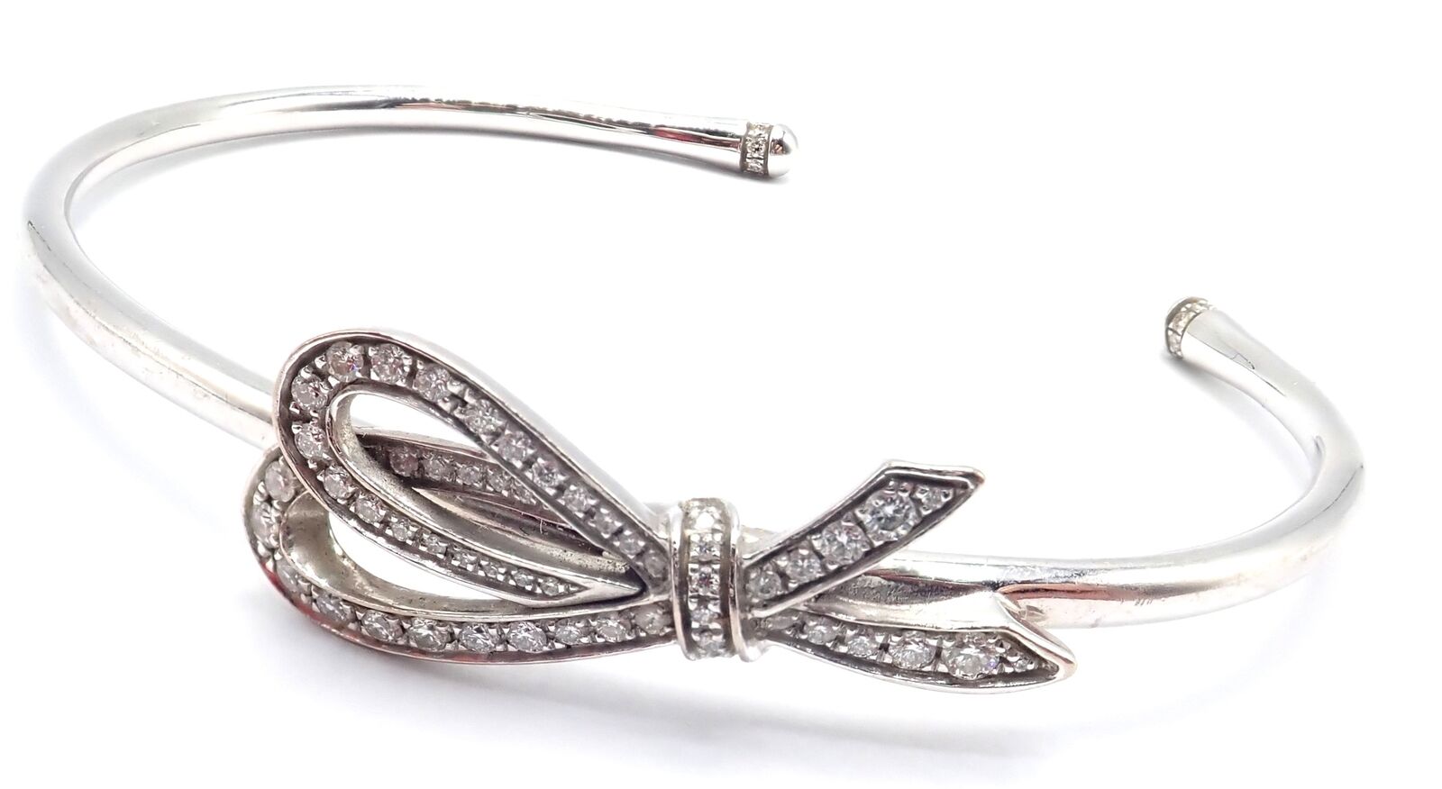 Authentic Tiffany & Co 18K White Gold Diamond Bow Ribbon Bangle Cuff Bracelet - Elegant Jewelry Gift for Women, Perfect for Weddings, Anniversaries & Special Occasions