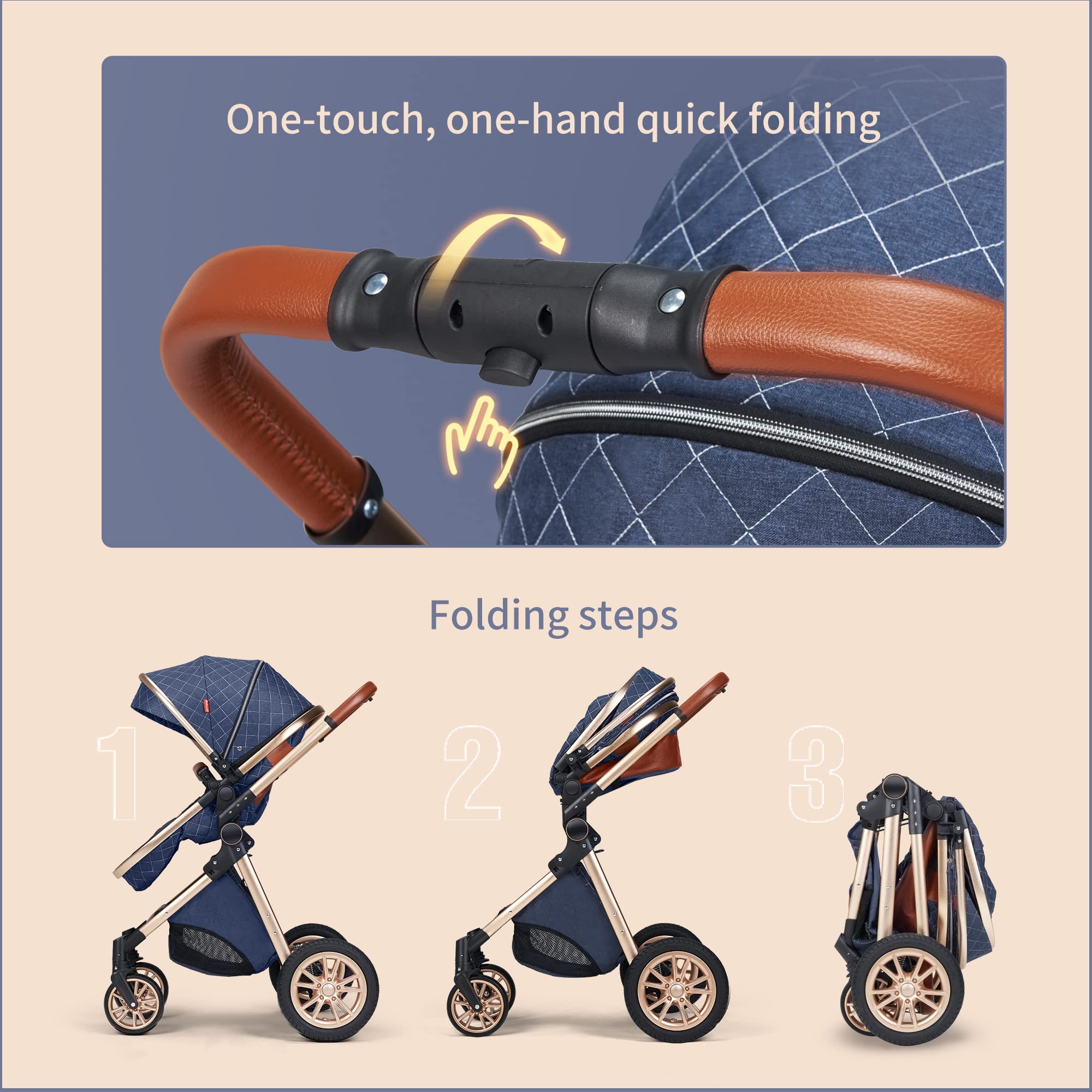 Premium Baby Stroller with Bassinet | Lightweight Folding Pram for Newborns & Infants | Navy Blue Travel System | Perfect for Park Walks, Shopping & Family Outings