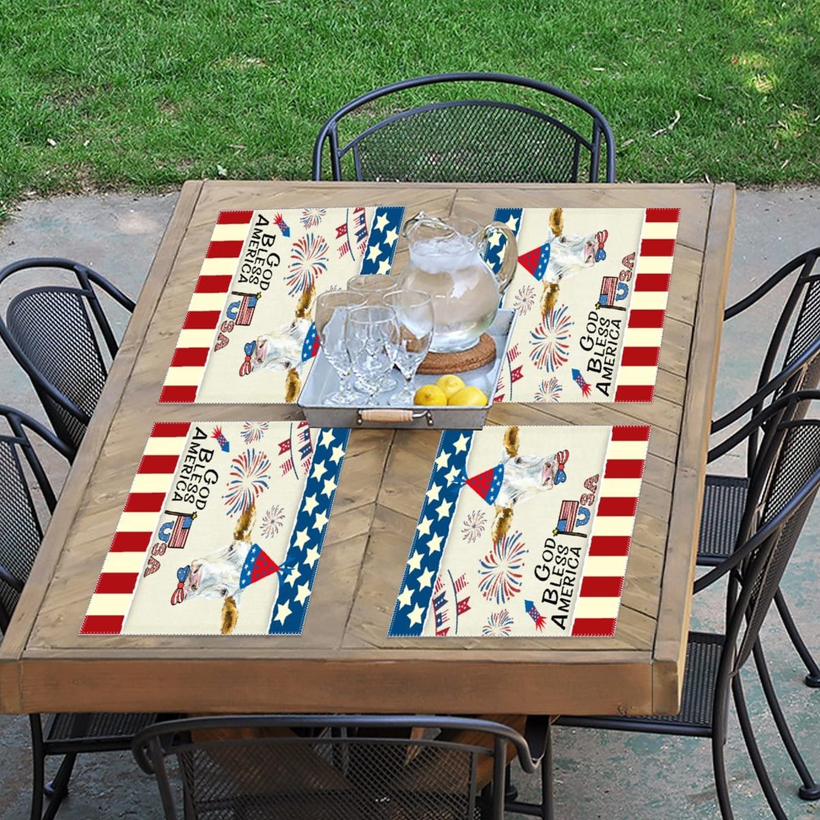 God Bless America Cow Farmhouse Placemats Set of 4 - Stain-Proof, Non-Slip & Heat Resistant - Patriotic American Flag Retro Table Decor for Dining, Kitchen & Banquet - Perfect for Memorial Day, 4th of July & Everyday Use