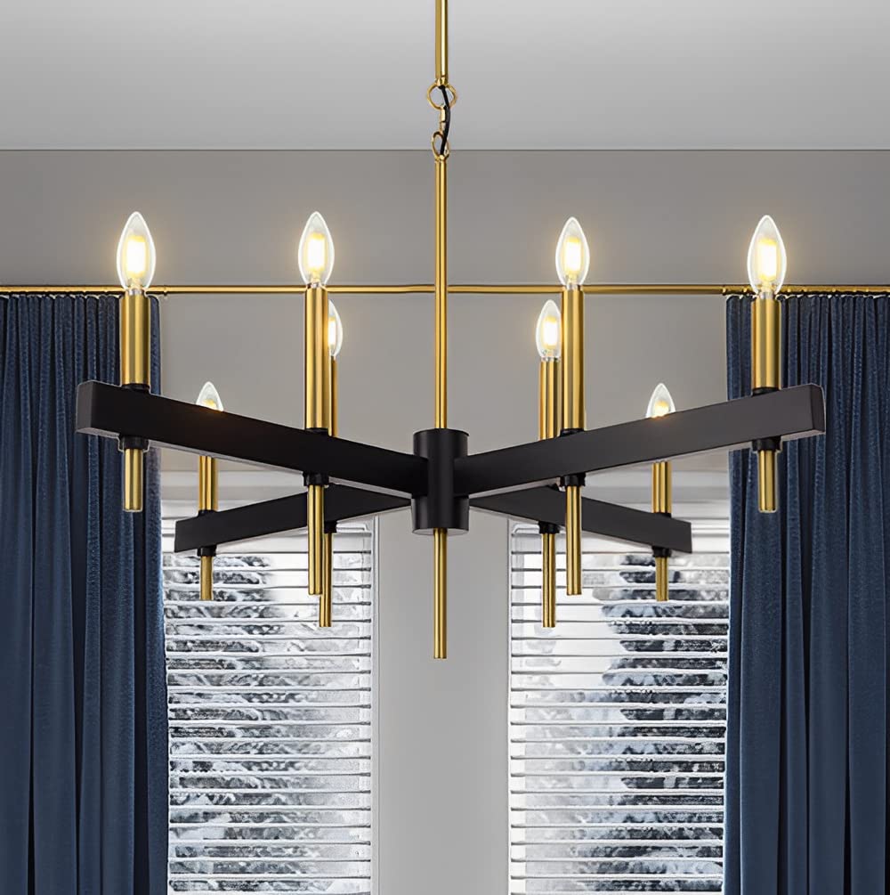 TOCHIC Black-Gold Metal Farmhouse Chandelier - 8 Light Cross Candle Pendant Lighting Fixture for Dining Room, Kitchen, Living Room, Entryway, Foyer & Bar (24 Inch) - Perfect for Rustic Home Decor and Farmhouse Style Interiors