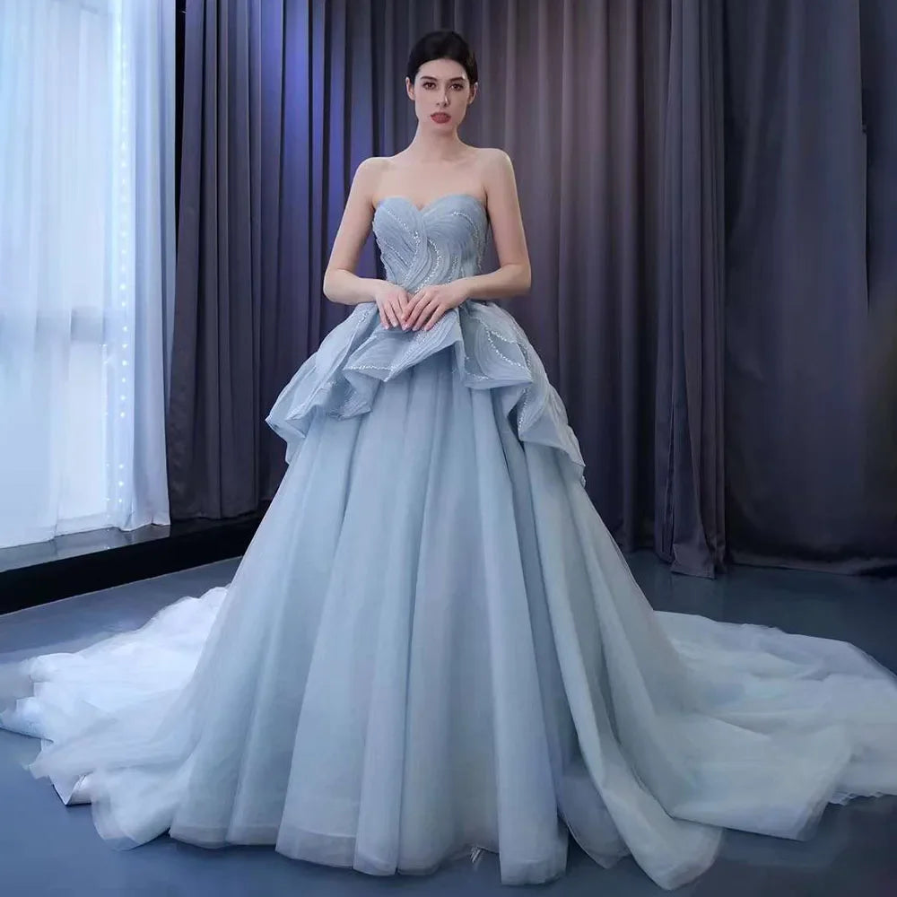 Luxury Custom Gray Blue Beaded Lace-Up Ball Gown Wedding Dress HM231064 - Perfect for Bridal Ceremonies, Formal Events & Special Occasions