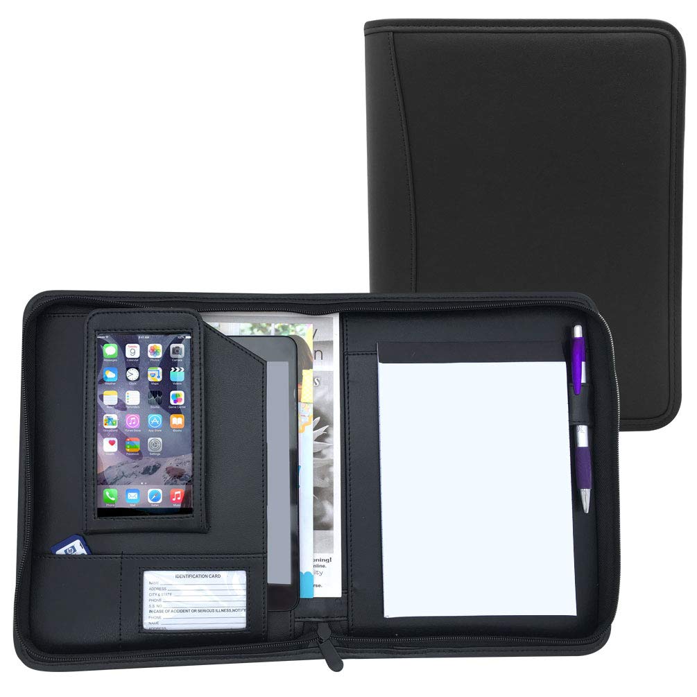 Compact Black Zipper Padfolio with Notepad - 10.8