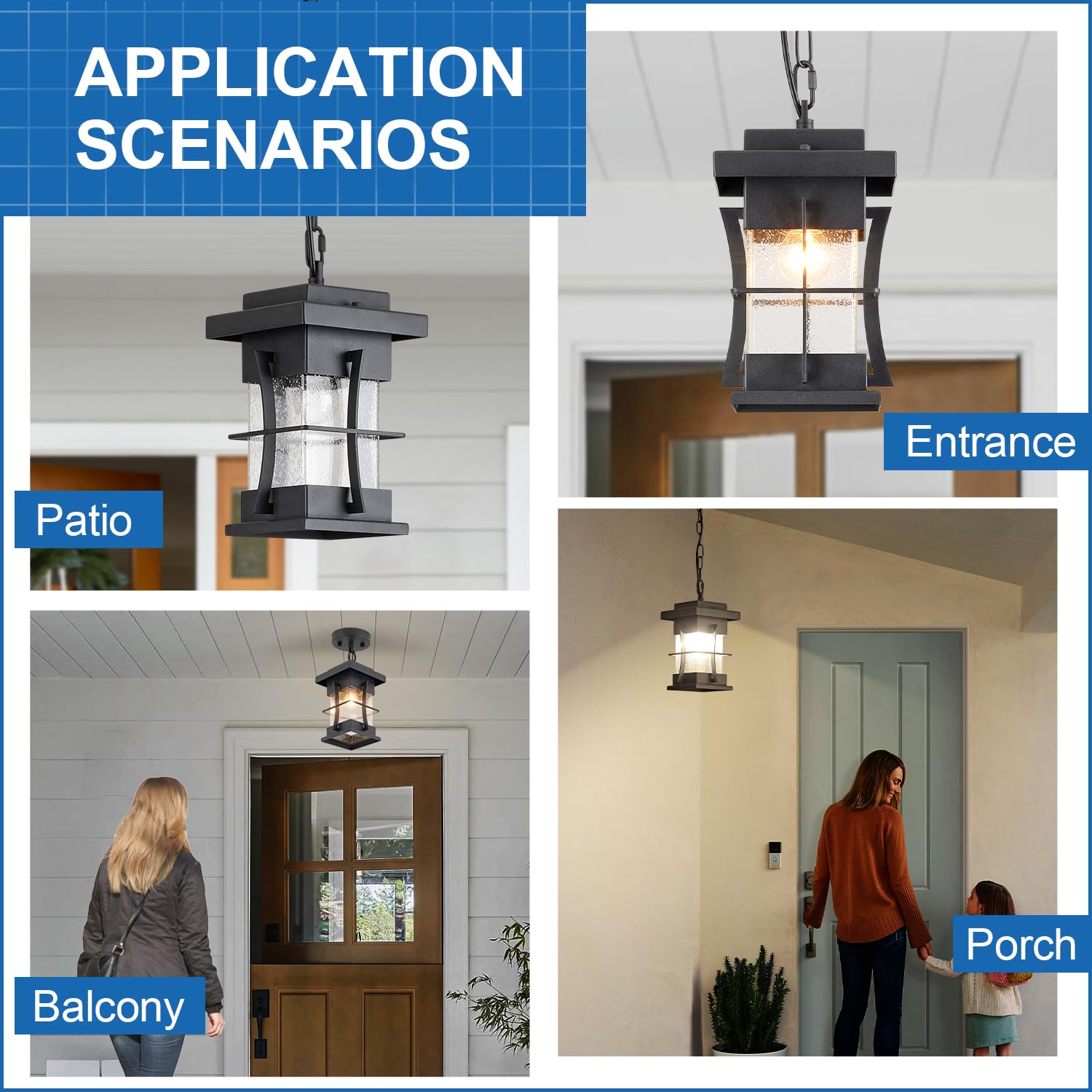 Motion Sensor Outdoor Pendant Light with Dusk to Dawn Auto On/Off - Adjustable Chain Hanging Lantern in Black with Seeded Glass - Perfect for Patio, Front Porch, Garden, and House Exterior Lighting
