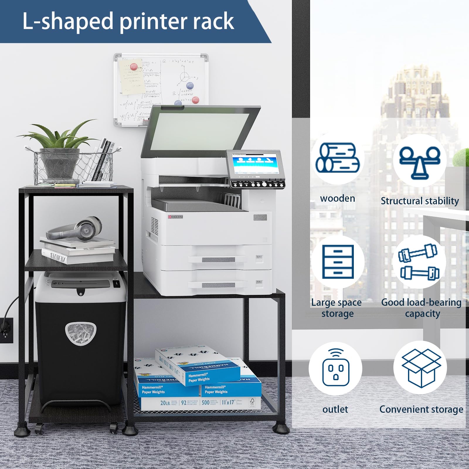 Natwind Printer and Shredder Stand with Power Outlet - Heavy Duty Ergonomic Workstation Organizer for Home Office, Black - Perfect for Desk Organization & Cable Management