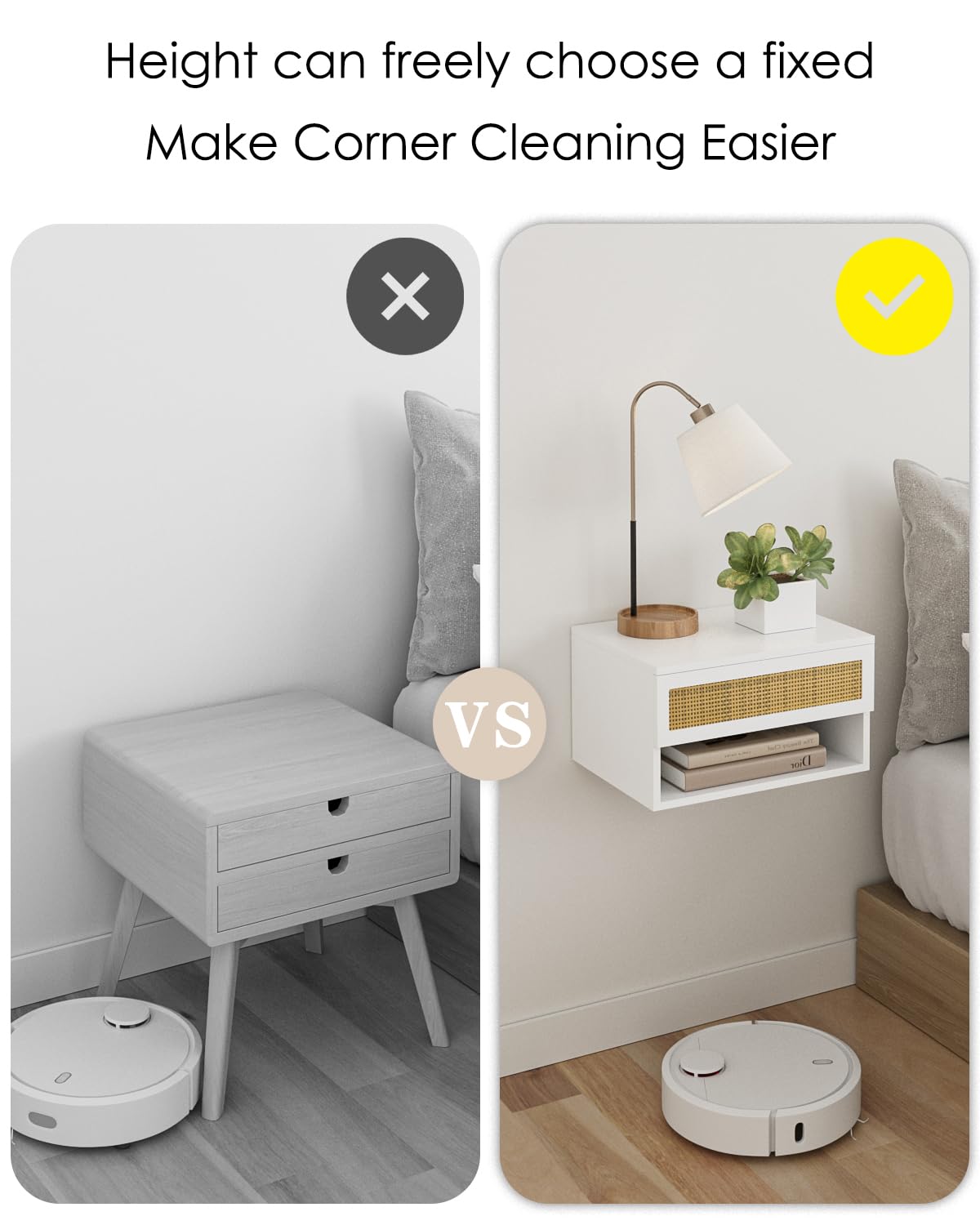 Modern White Rattan Nightstand with Drawer & Floating Shelves - Small Bedside Table for Bedroom, Bathroom, Living Room | Perfect for Storage & Home Decor