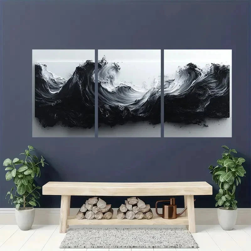 3-Piece Abstract Black and White Modern Fluid Wall Art Set - Framed Canvas 40x60cm (16x24in) - High Quality Print - 100% Australian Made - Ready to Hang - Perfect for Living Room, Bedroom & Office Decor