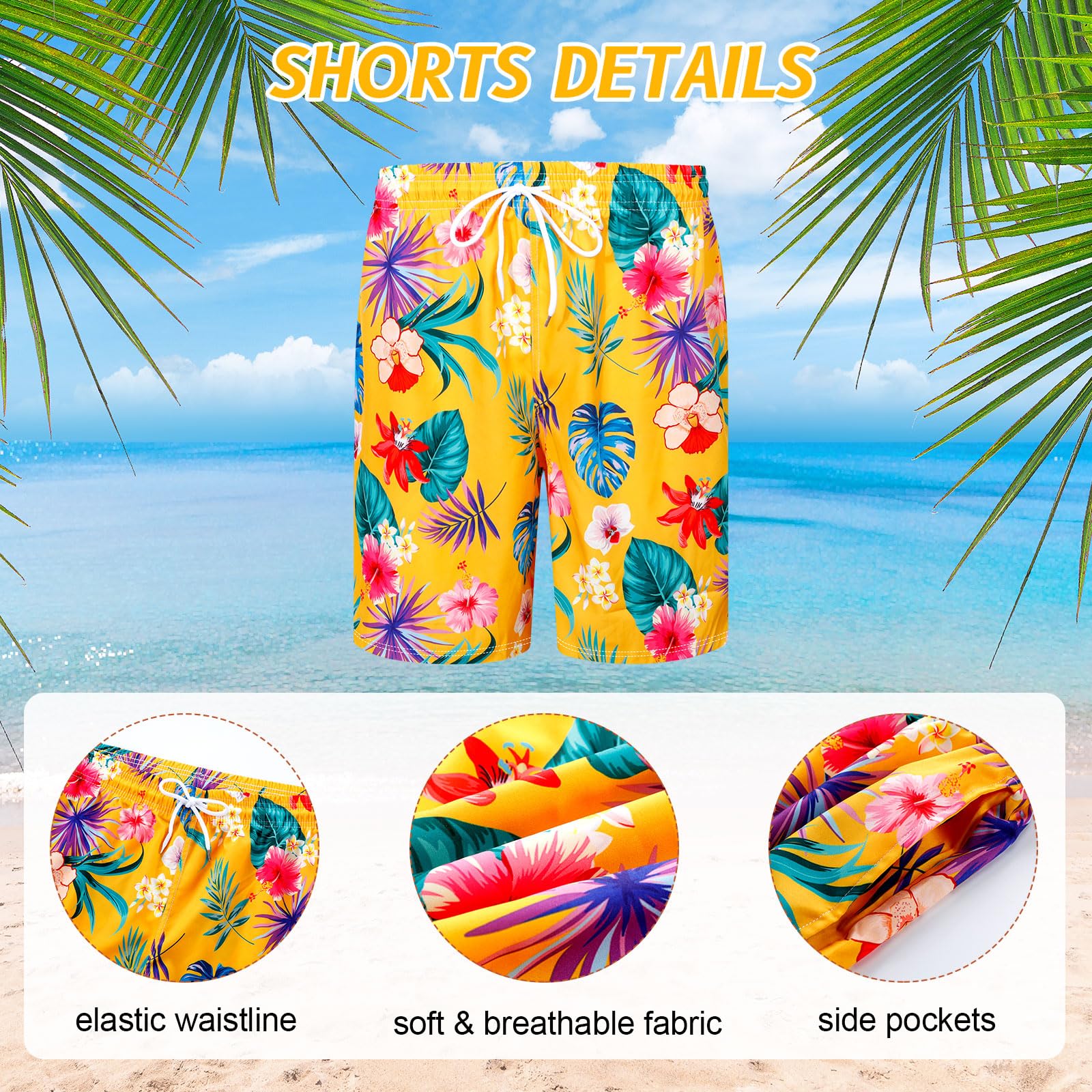 Harloon 4Pcs Men's Hawaiian Shirt and Shorts Set - Tropical Floral Button Down Beach Outfit with Bucket Hat & Sunglasses | Summer Vacation, Pool Party, Luau, Cruise Wear