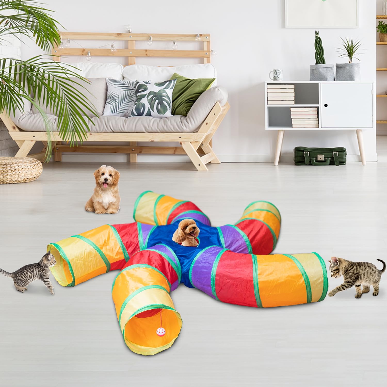 Depets 5-Way Large Cat Tunnel for Indoor Play - Interactive S-Shaped Foldable Pet Tube with Peephole & Play Ball - Perfect for Kittens, Puppies & Rabbits - Great for Exercise, Hide & Seek, and Indoor Enrichment Activities