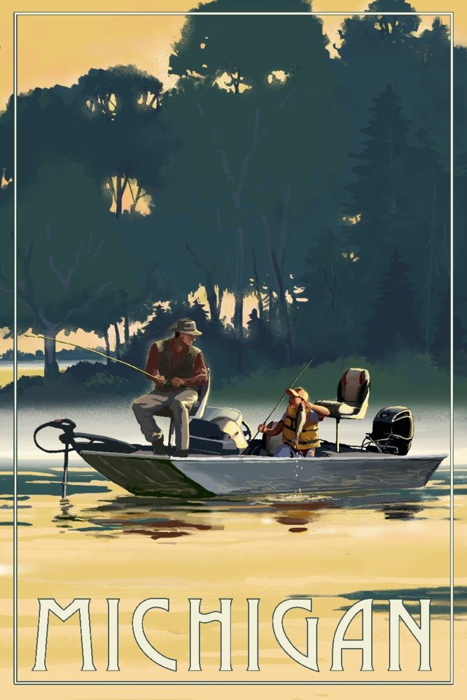 Michigan Fishermen in Boat - 36x54 Giclee Gallery Print - Travel Poster Wall Art Decor for Living Room, Office & Cabin - Vintage Great Lakes Fishing Scene