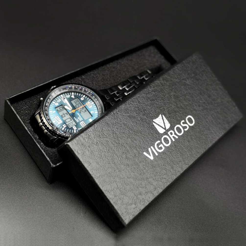 VIGOROSO Men's LED Analog Digital Sports Watch with Date & Week Display - Durable Black Steel Strap for Running, Gym & Outdoor Activities