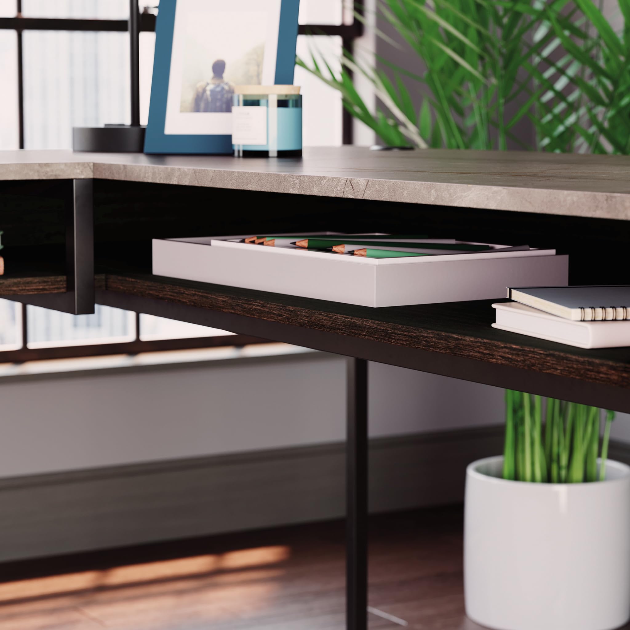 Sauder International Lux Modern L-Shaped Desk with Umber Wood Finish - Stylish Home Office Desk for Work & Study, Perfect for Small Spaces & Gaming Setup
