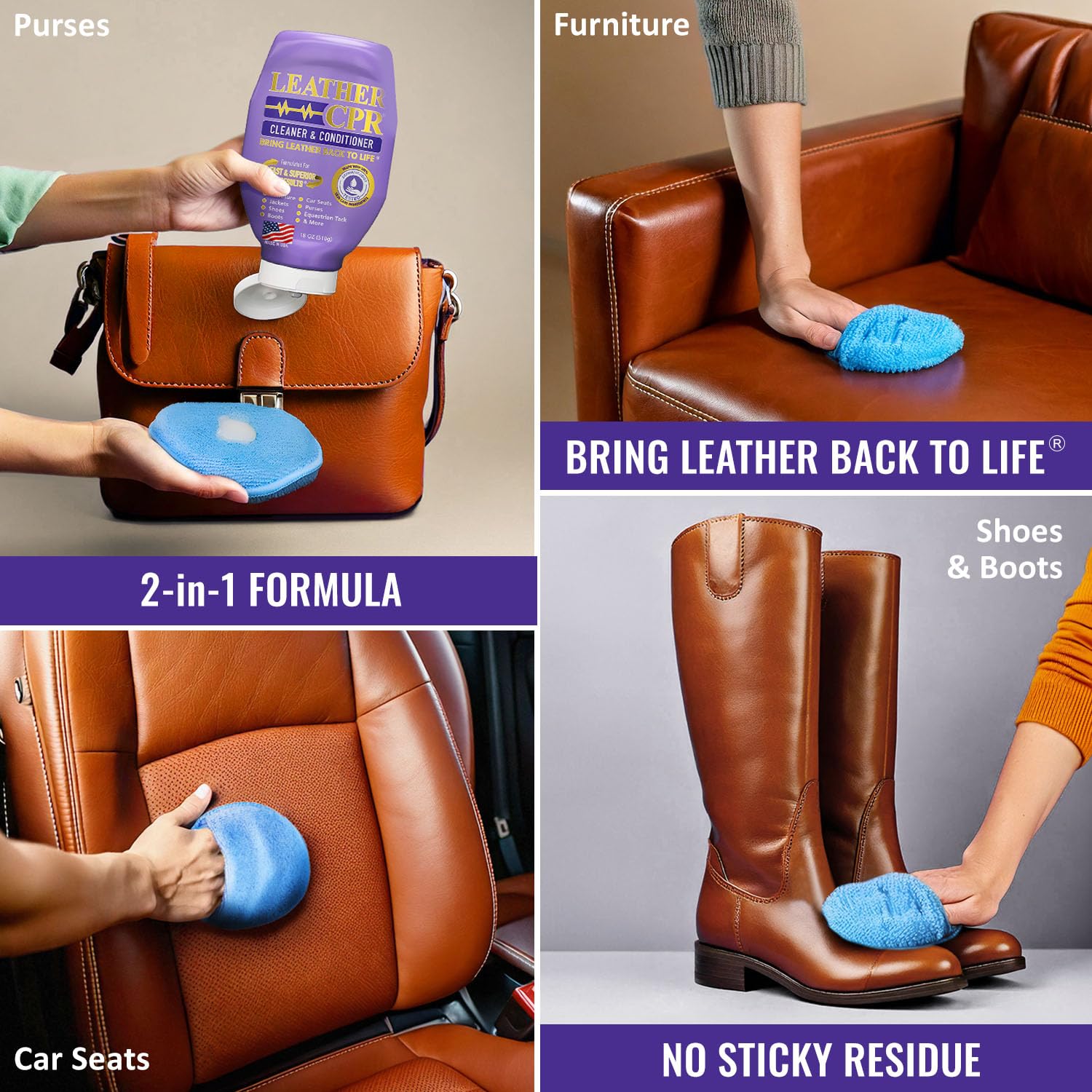Premium Leather CPR Cleaner & Conditioner - USA Made, Restores & Protects Couches, Purses, Shoes, Jackets & Car Interiors - 18oz Leather Care Kit for Home & Auto Use