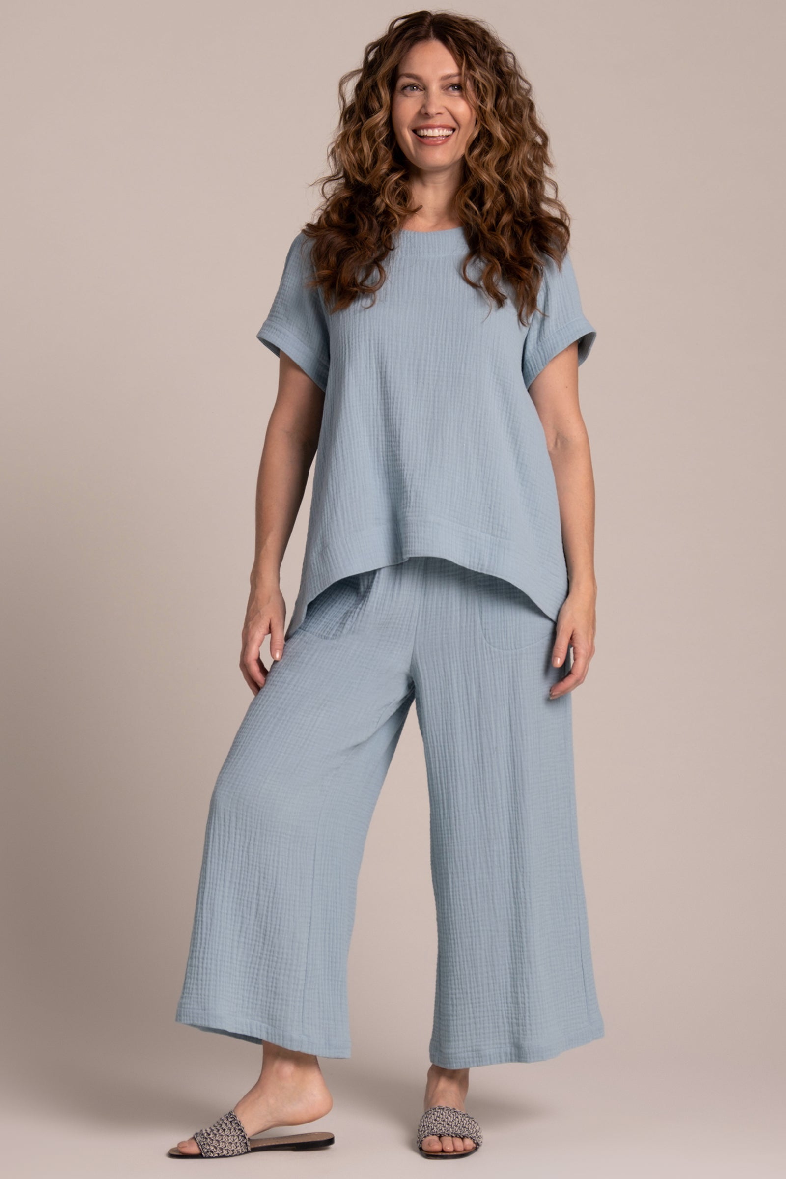 Breeze Wide Leg Crop Pants for Women - Stone Blue | Comfortable High Waisted Linen Pants for Summer, Travel & Casual Wear